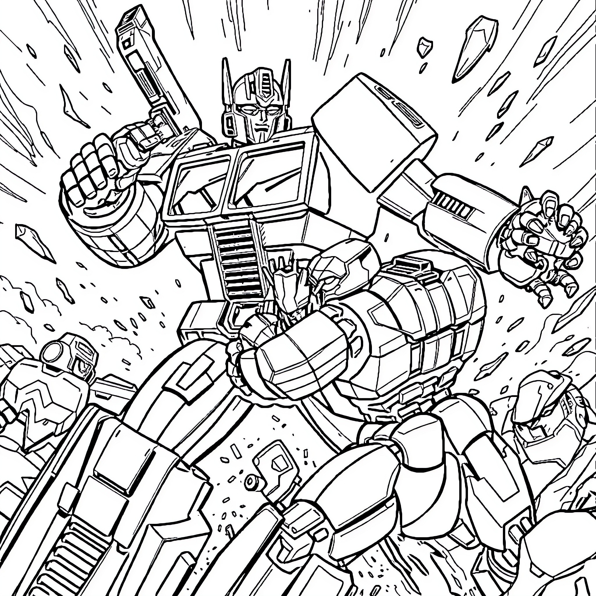 Optimus Unleashing Heroic Power in Dramatic Battle Coloring Page (free black-and-white line drawing printable PDF for all, from beginners to advanced learners, including children, teens, adults, and seniors)