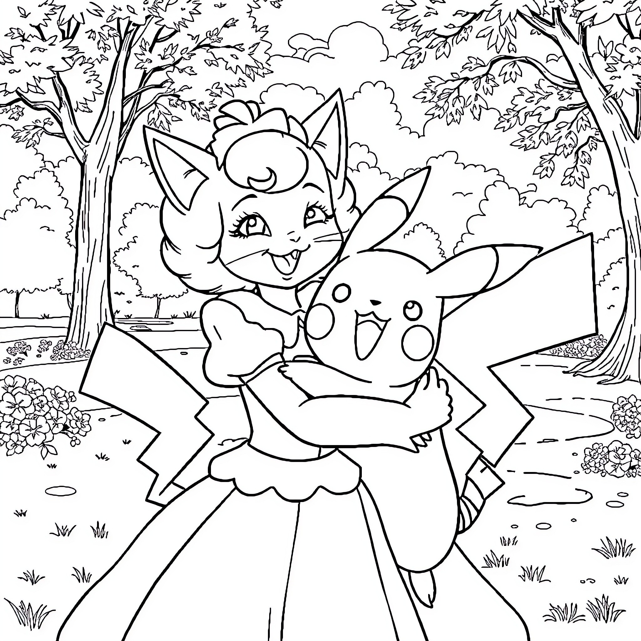 Marie explores the enchanted forest with Pikachu Coloring Page (free black-and-white line drawing printable PDF for all, from beginners to advanced learners, including children, teens, adults, and seniors)
