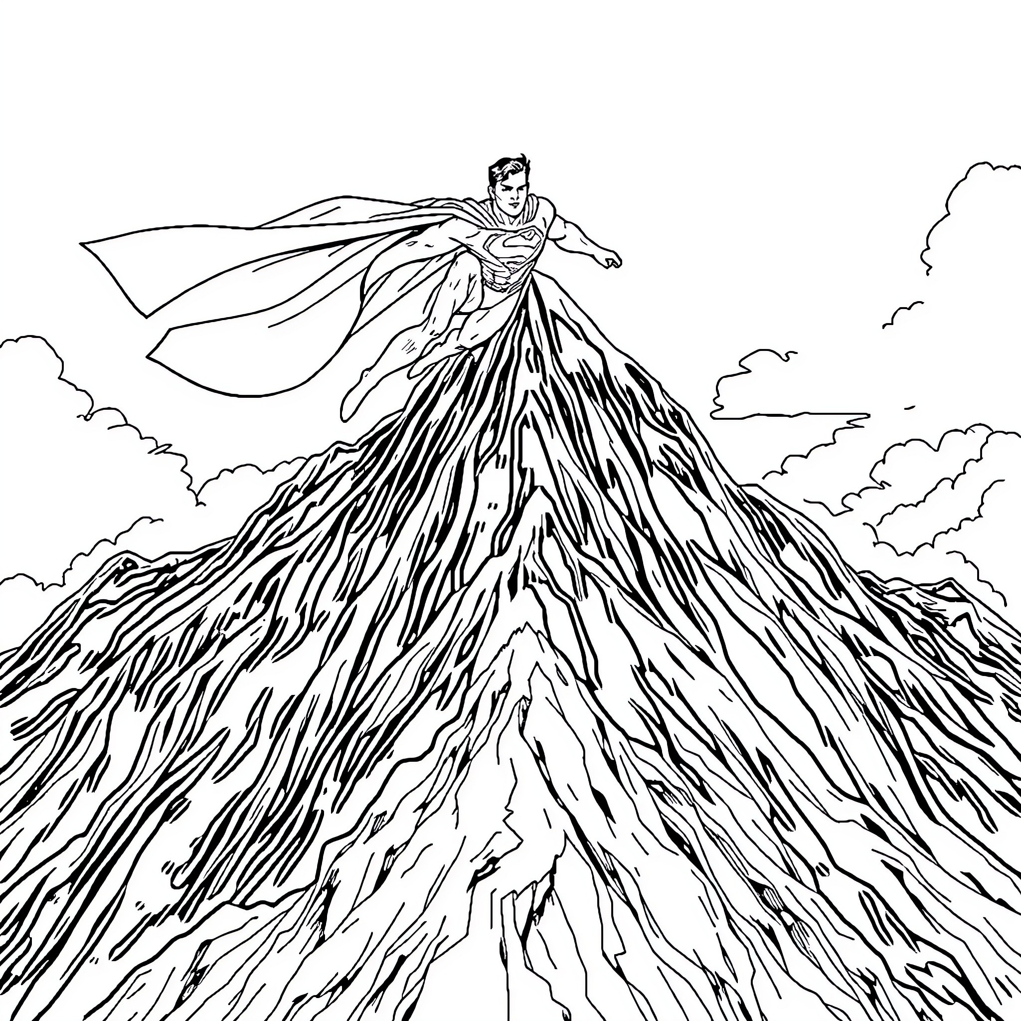 Superman soaring over majestic mountain landscape Coloring Page (free black-and-white line drawing printable PDF for all, from beginners to advanced learners, including children, teens, adults, and seniors)