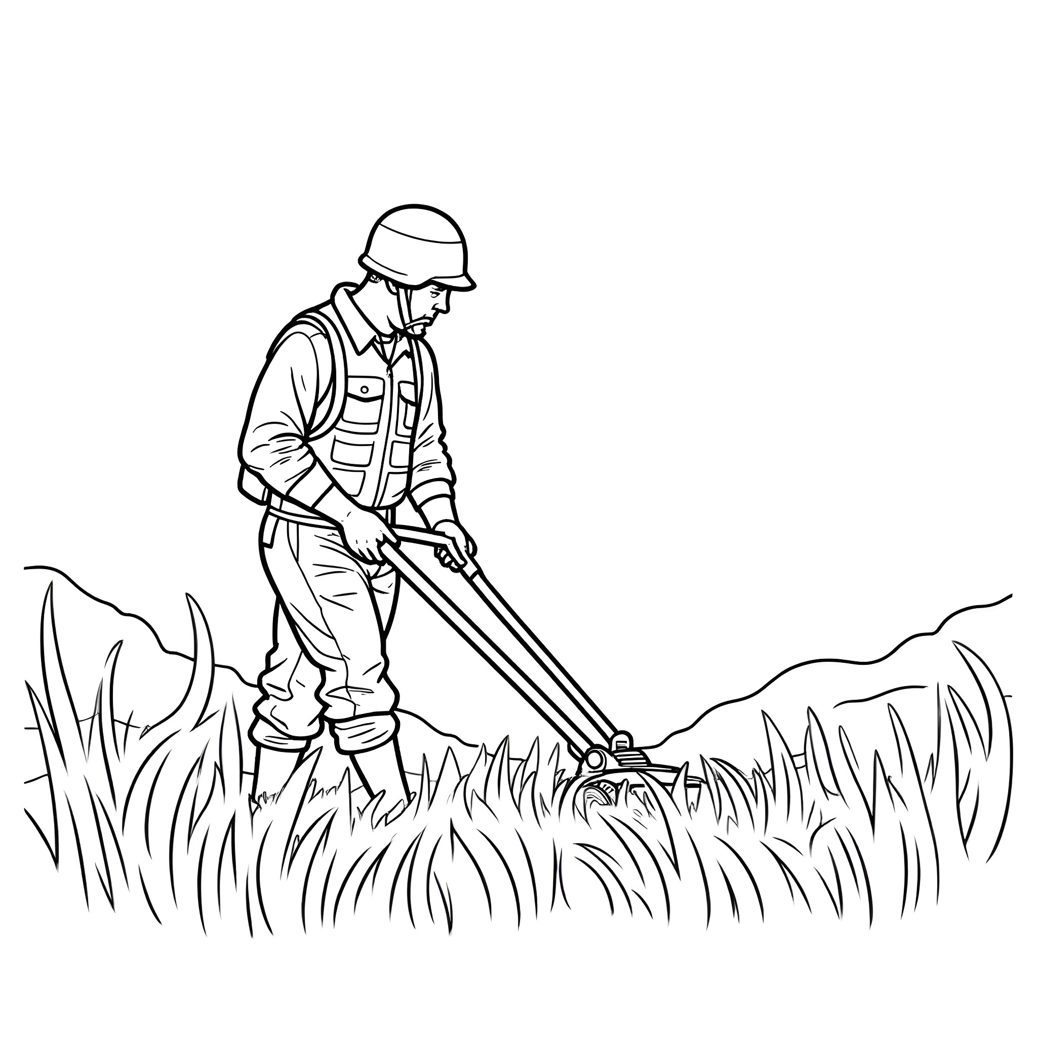 Soldier mowing the lawn with a grass trimmer Coloring Page (free black-and-white line drawing printable PDF for all, from beginners to advanced learners, including children, teens, adults, and seniors)