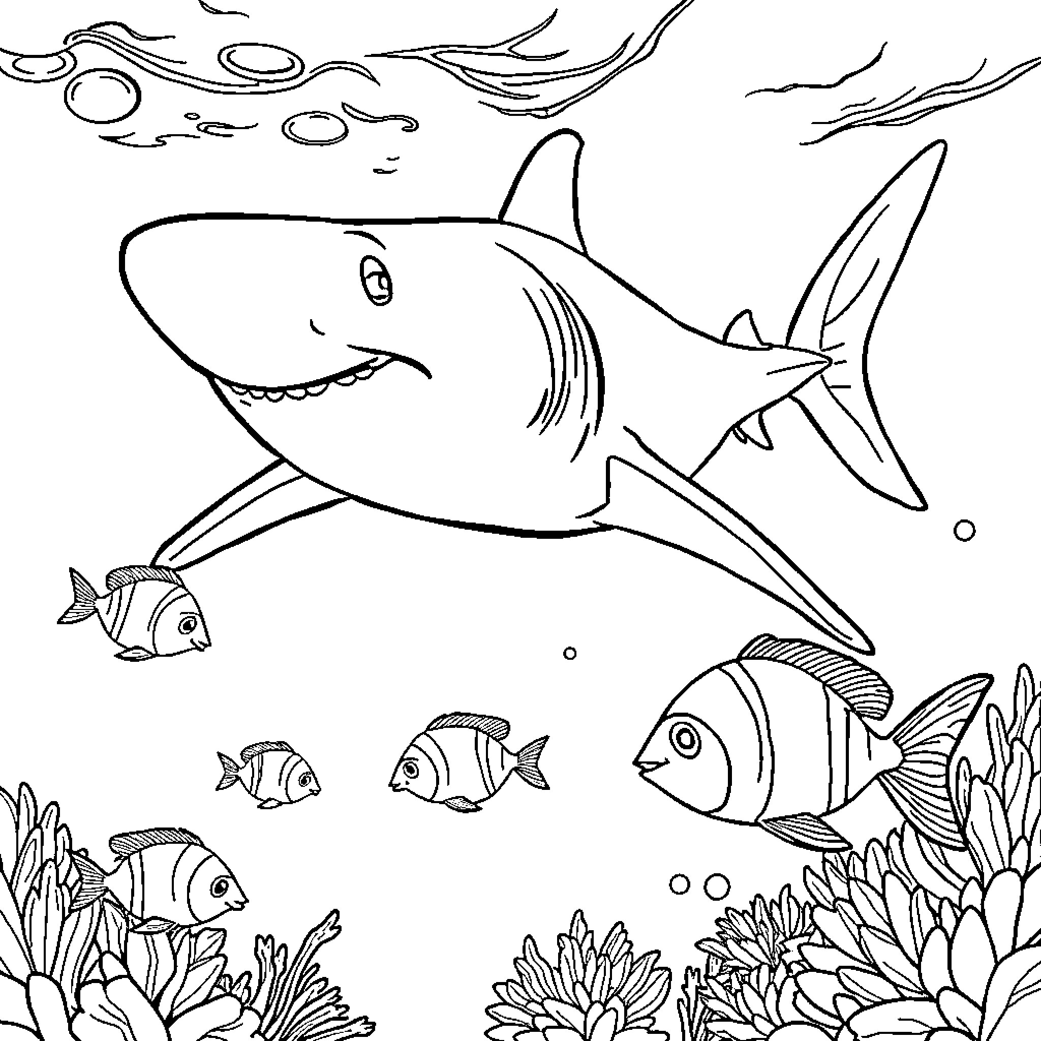 Shark swimming with curious fish in the ocean Coloring Page (free black-and-white line drawing printable PDF for all, from beginners to advanced learners, including children, teens, adults, and seniors)