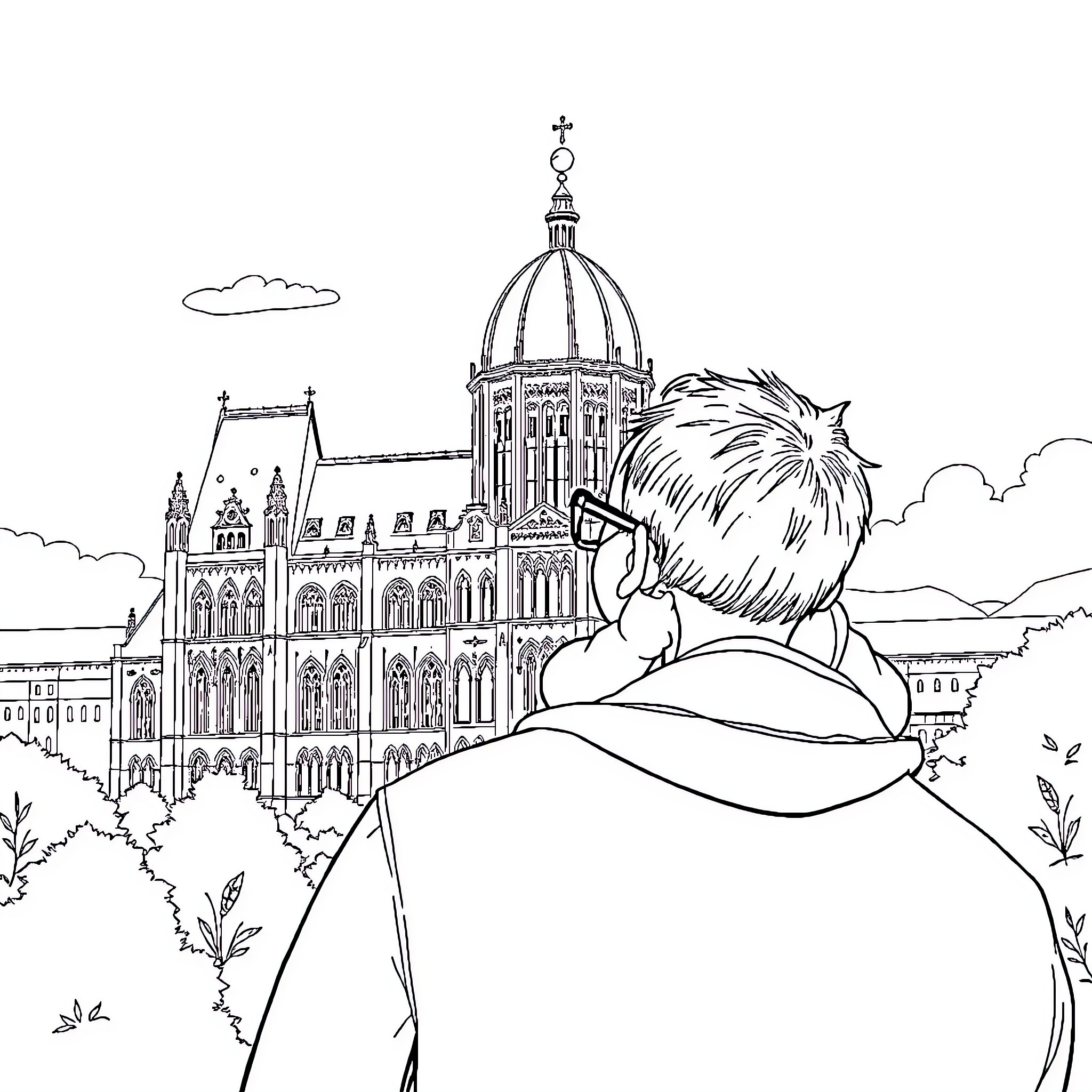 Baby exploring the architectural wonders Coloring Page (free black-and-white line drawing printable PDF for all, from beginners to advanced learners, including children, teens, adults, and seniors)