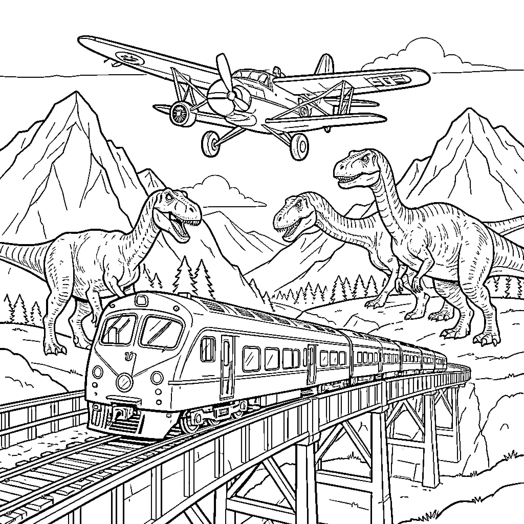 Train traveling through a landscape with dinosaurs and planes Coloring Page (free black-and-white line drawing printable PDF for all, from beginners to advanced learners, including children, teens, adults, and seniors)