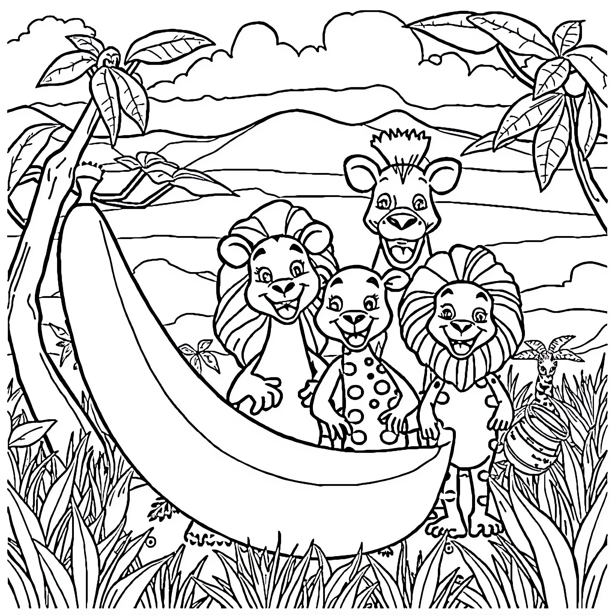 Banana characters in a tropical landscape Coloring Page (free black-and-white line drawing printable PDF for all, from beginners to advanced learners, including children, teens, adults, and seniors)