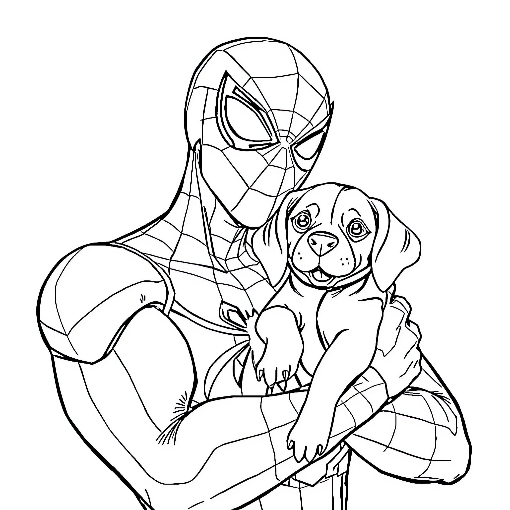 Spiderman playing with an adorable puppy Coloring Page (free black-and-white line drawing printable PDF for all, from beginners to advanced learners, including children, teens, adults, and seniors)