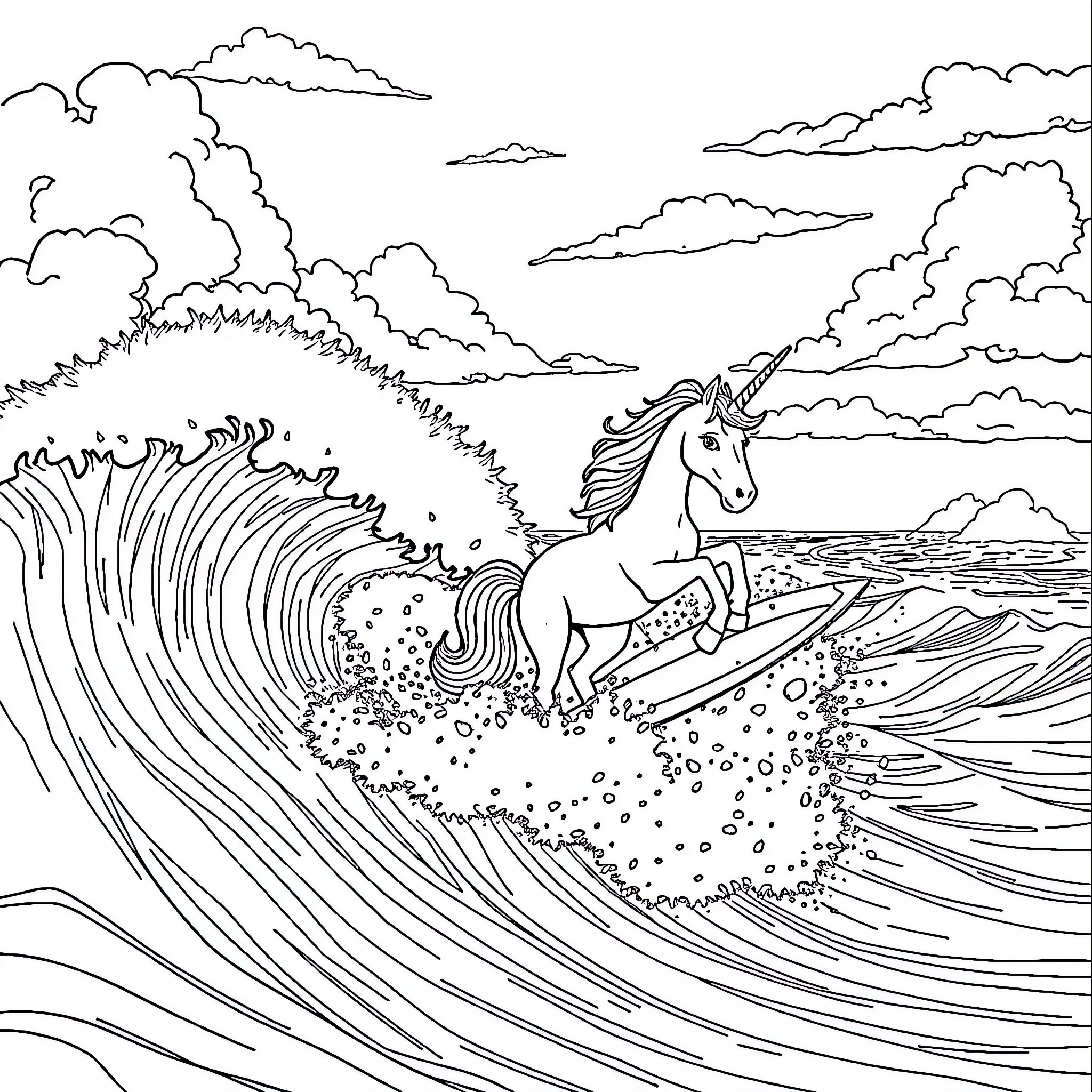 Unicorn surfing on a magical wave Coloring Page (free black-and-white line drawing printable PDF for all, from beginners to advanced learners, including children, teens, adults, and seniors)