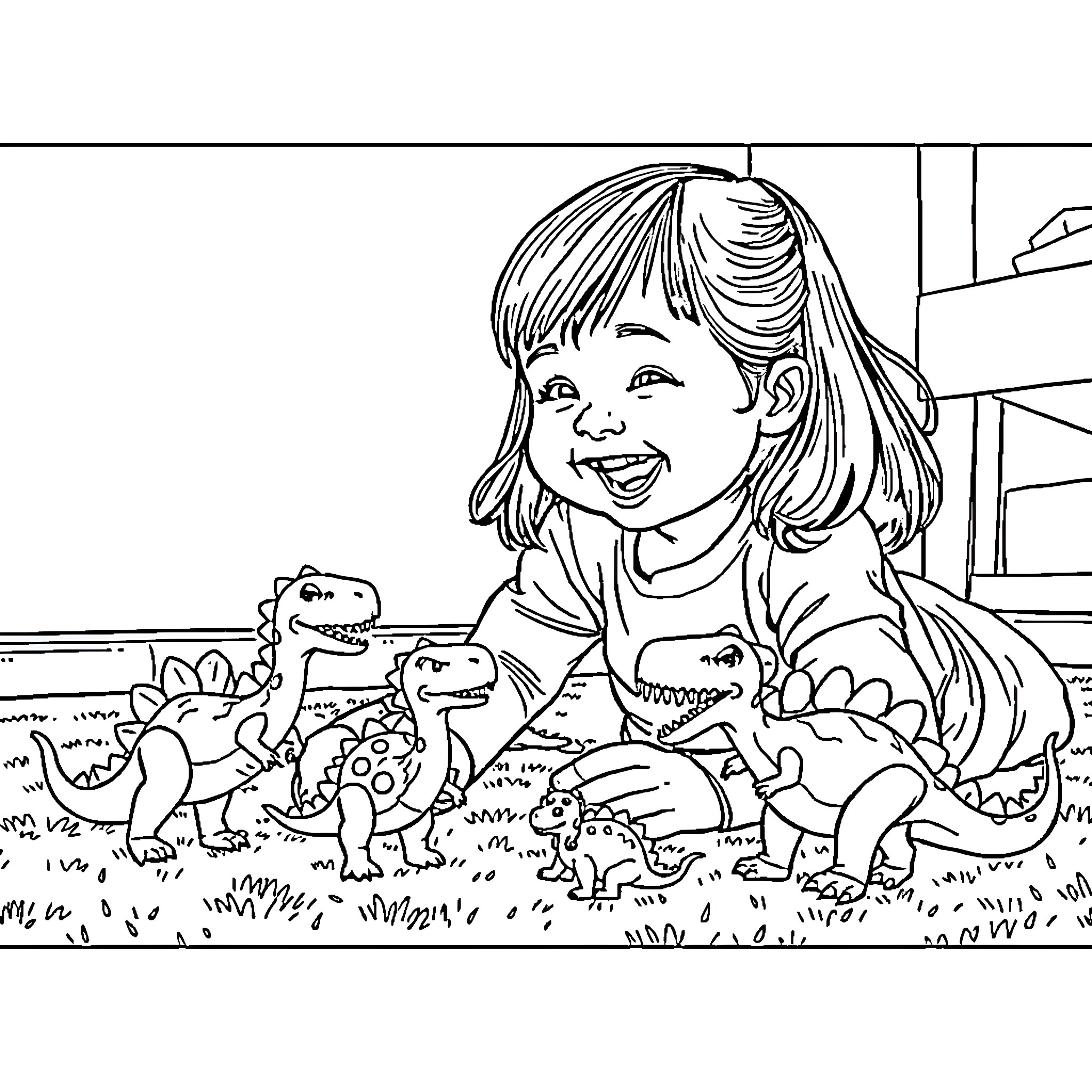 Girl playing happily with dinosaur toys in the room Coloring Page (free black-and-white line drawing printable PDF for all, from beginners to advanced learners, including children, teens, adults, and seniors)