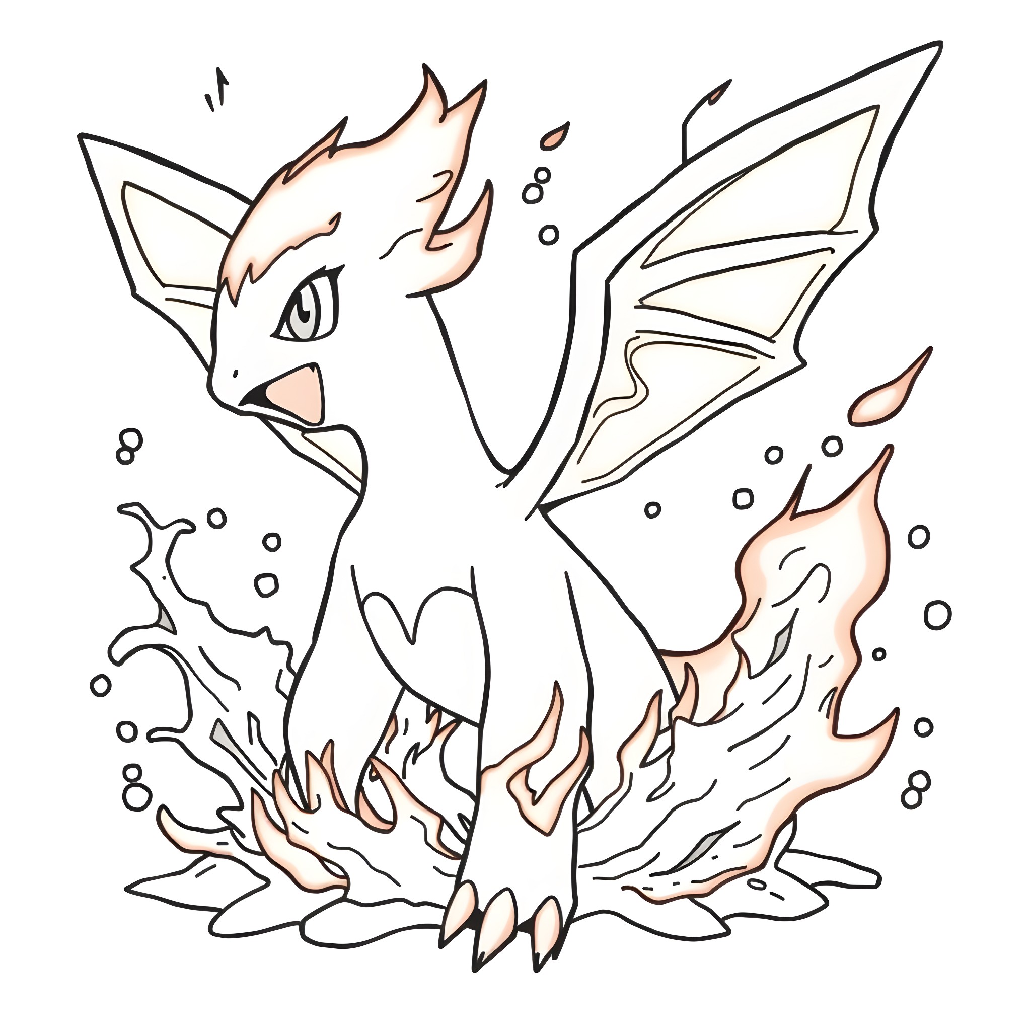 Water-Fire Pokemon battling with flames and water Coloring Page (free black-and-white line drawing printable PDF for all, from beginners to advanced learners, including children, teens, adults, and seniors)