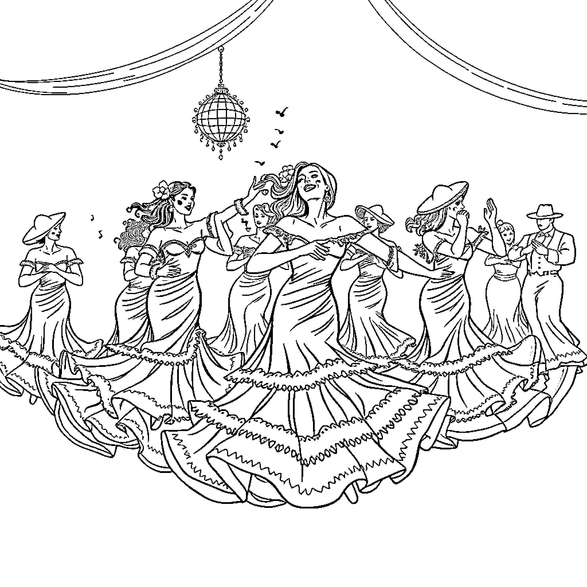 Flamenco Dancers Performing Passionately on Stage Coloring Page (free black-and-white line drawing printable PDF for all, from beginners to advanced learners, including children, teens, adults, and seniors)