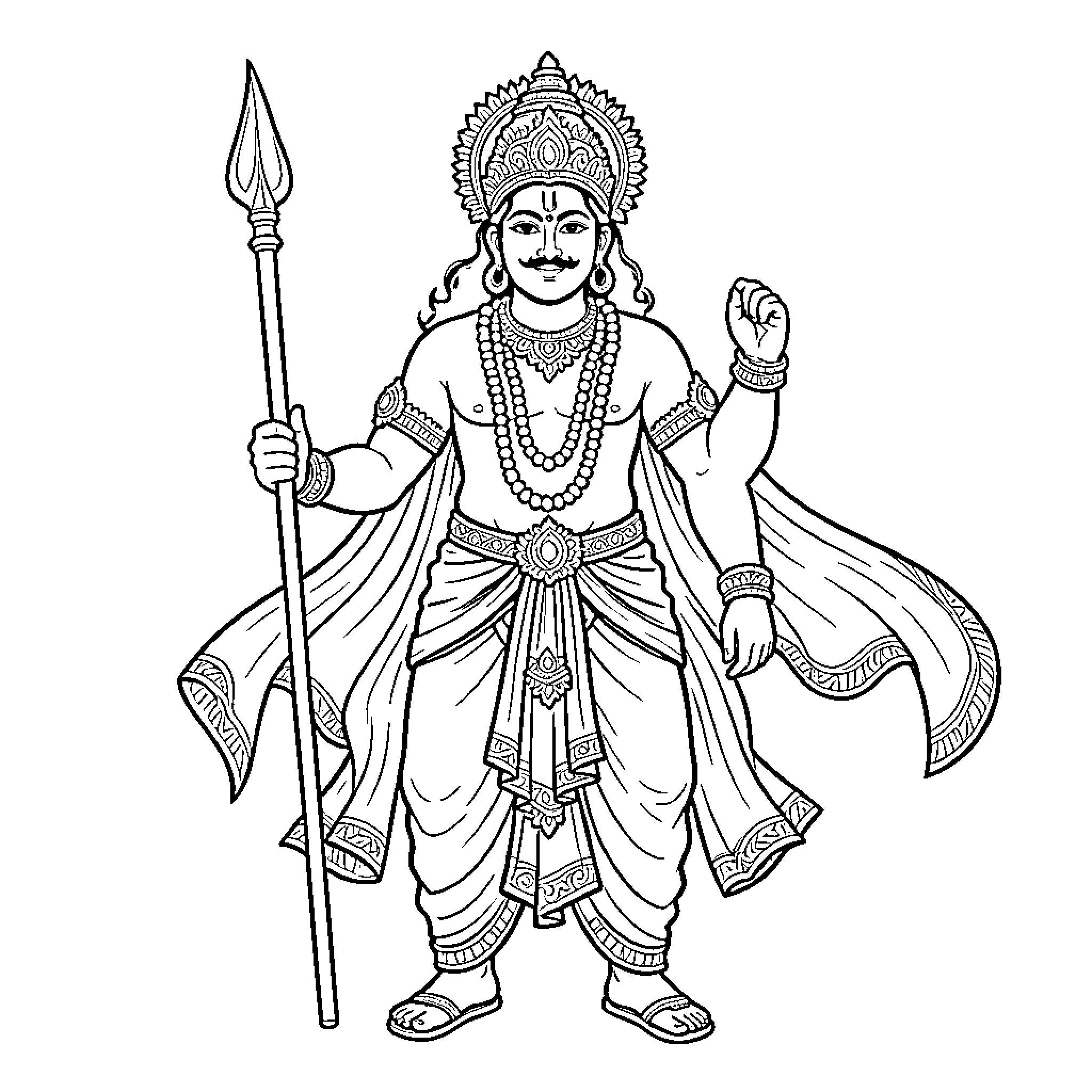 Murugan standing majestically holding a divine spear Coloring Page (free black-and-white line drawing printable PDF for all, from beginners to advanced learners, including children, teens, adults, and seniors)