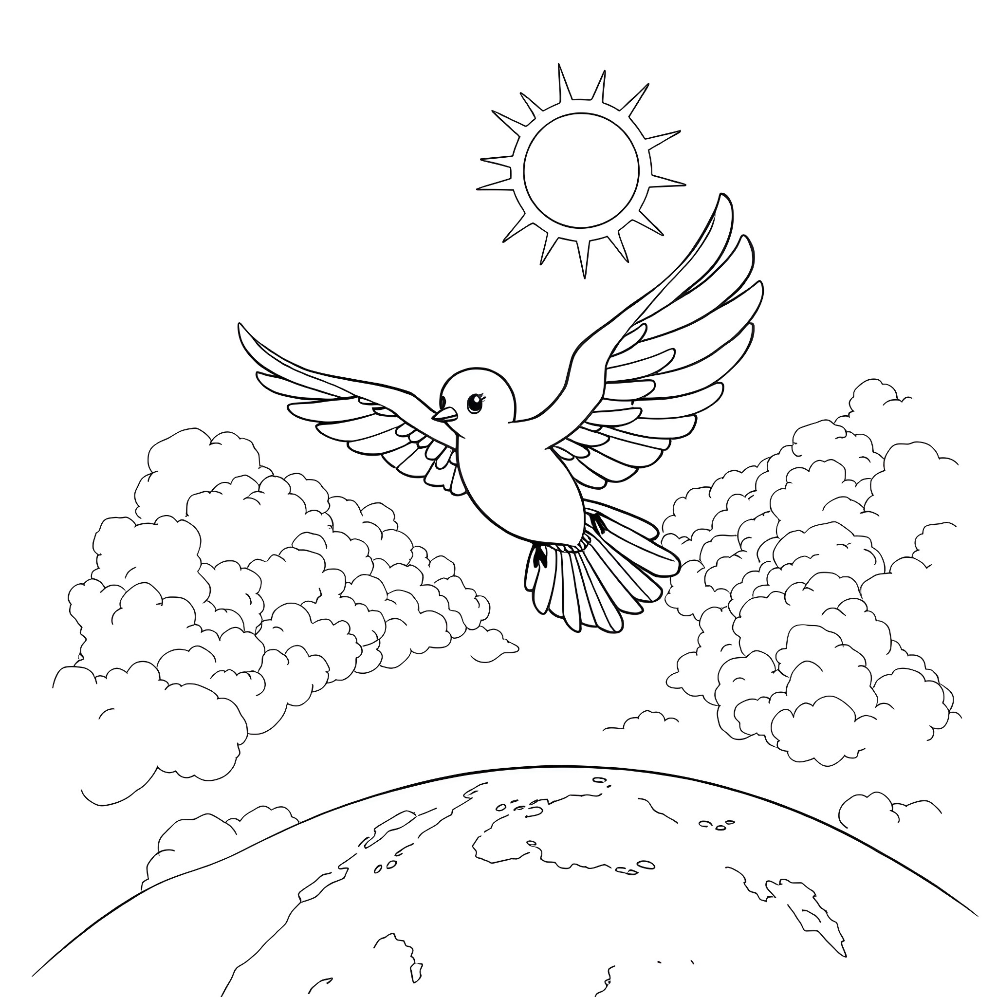 Kakis flying over the clouds and sun Coloring Page (free black-and-white line drawing printable PDF for all, from beginners to advanced learners, including children, teens, adults, and seniors)