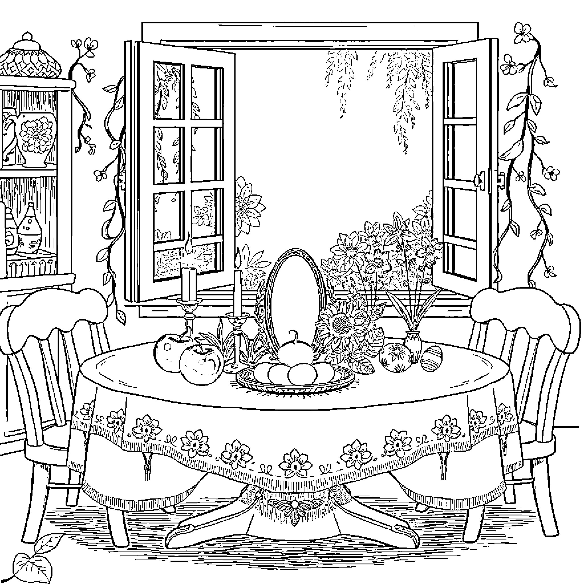 Table with Rustic Decor and Open Window Coloring Page (free black-and-white line drawing printable PDF for all, from beginners to advanced learners, including children, teens, adults, and seniors)