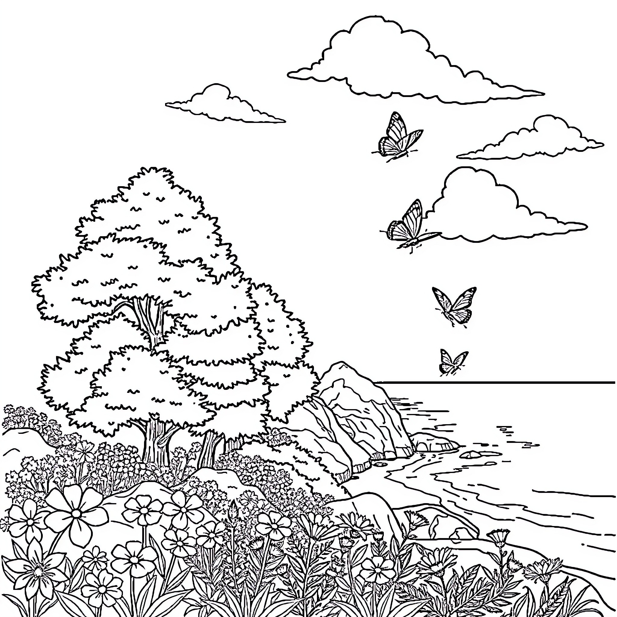 Tree-lined landscape with butterflies in the clouds Coloring Page (free black-and-white line drawing printable PDF for all, from beginners to advanced learners, including children, teens, adults, and seniors)