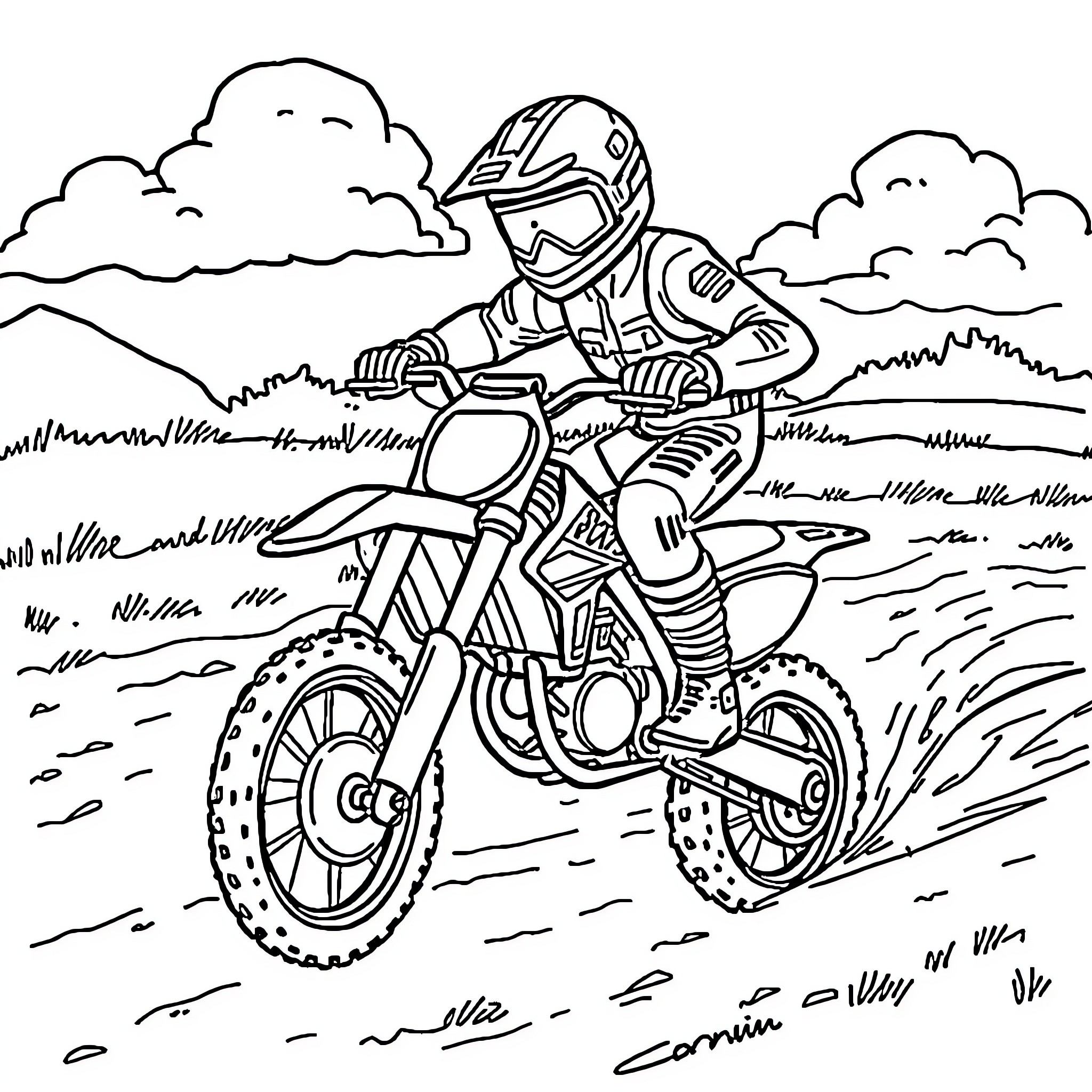 Bluey riding a dirt bike through the countryside Coloring Page (free black-and-white line drawing printable PDF for all, from beginners to advanced learners, including children, teens, adults, and seniors)