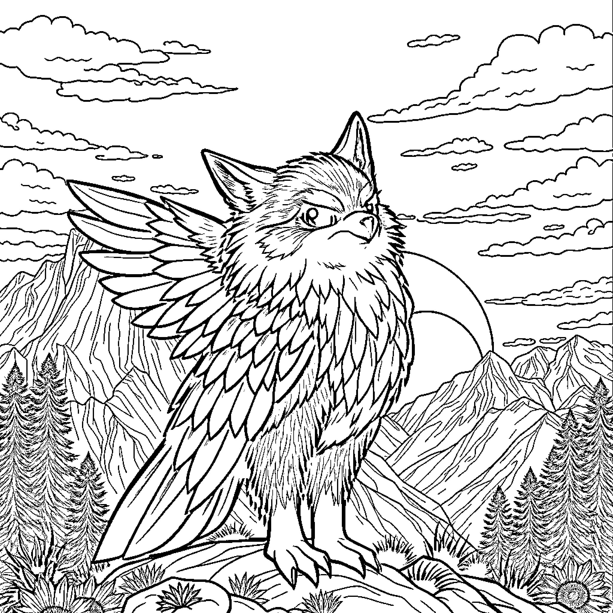 Wolf with majestic wings soaring over mountains Coloring Page (free black-and-white line drawing printable PDF for all, from beginners to advanced learners, including children, teens, adults, and seniors)
