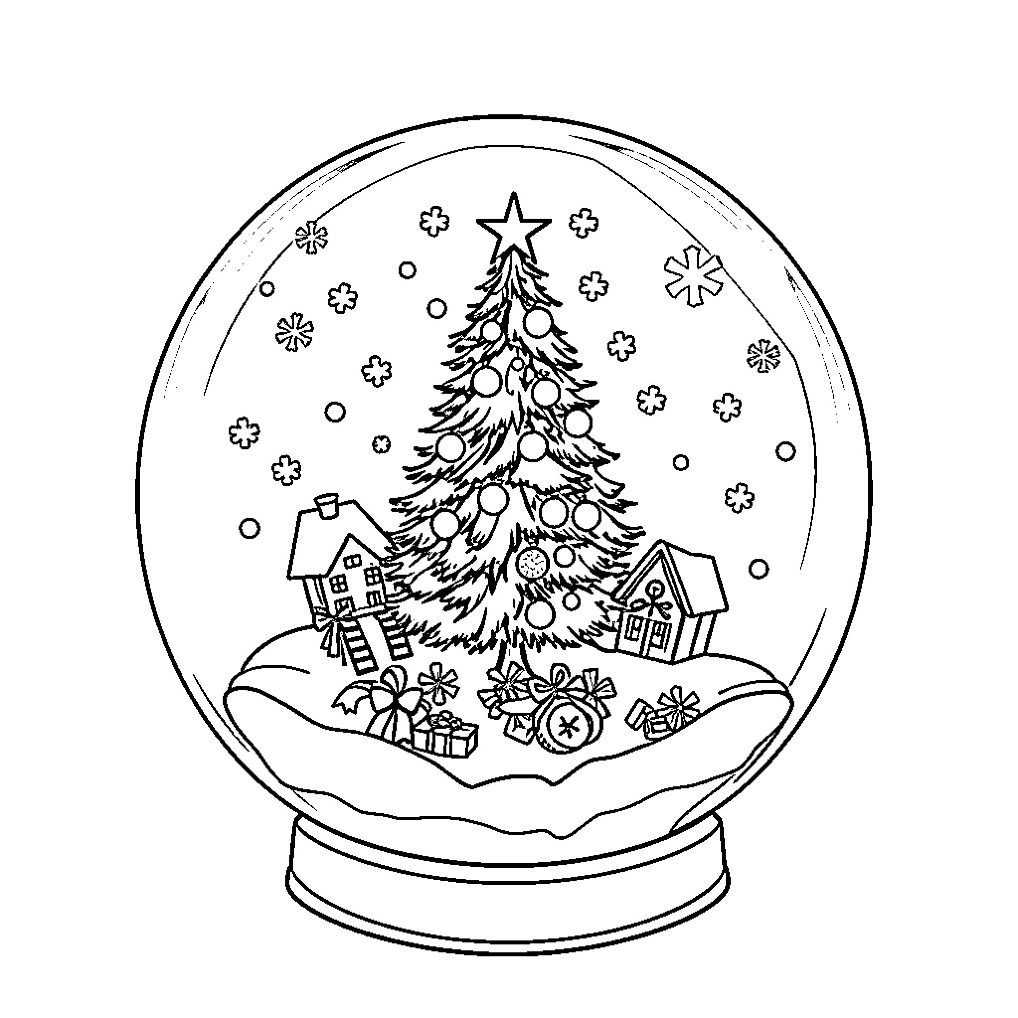 Snow Globe with Decorated Christmas Tree and Presents Coloring Page (free black-and-white line drawing printable PDF for all, from beginners to advanced learners, including children, teens, adults, and seniors)