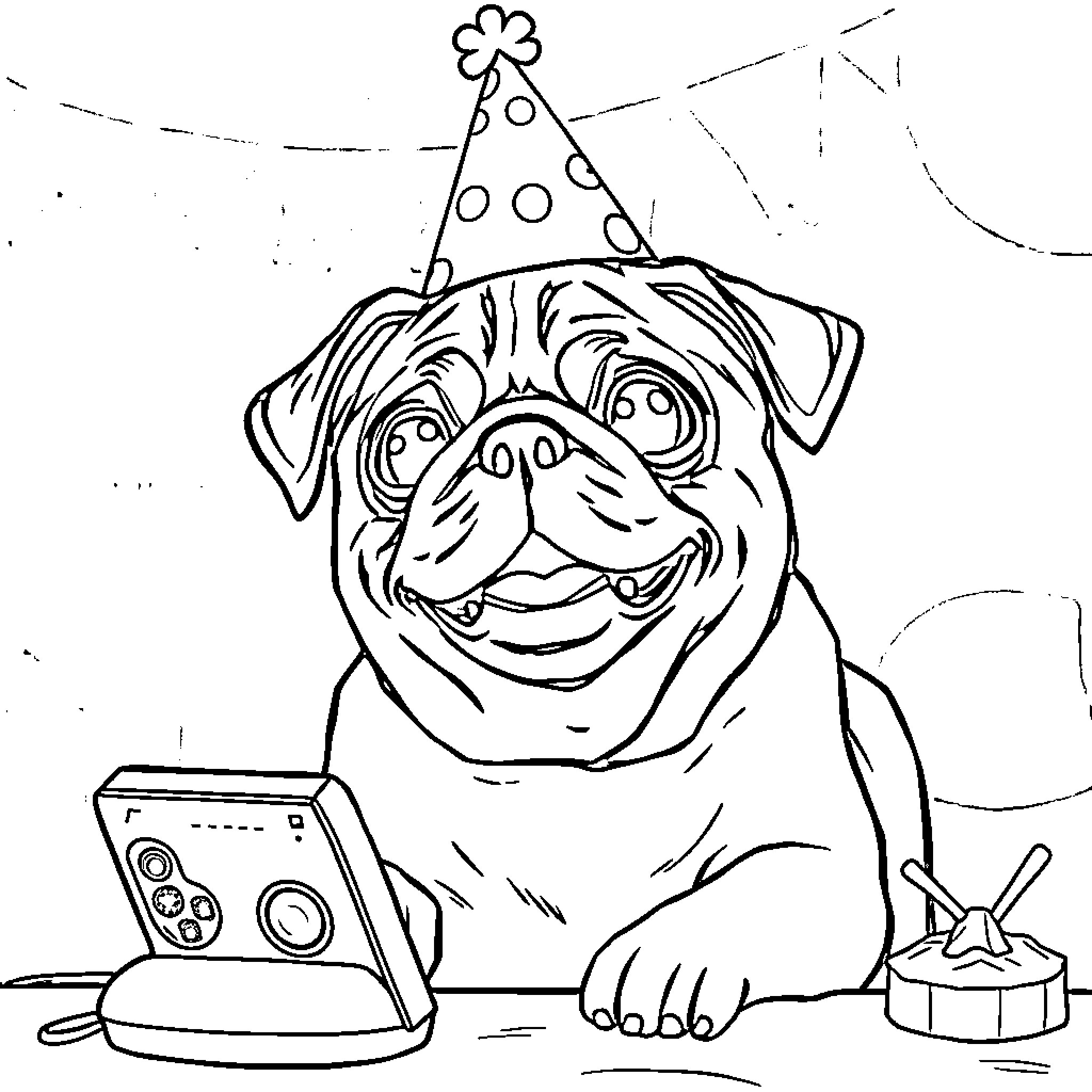 Pug celebrating with party hat and video game controller Coloring Page (free black-and-white line drawing printable PDF for all, from beginners to advanced learners, including children, teens, adults, and seniors)