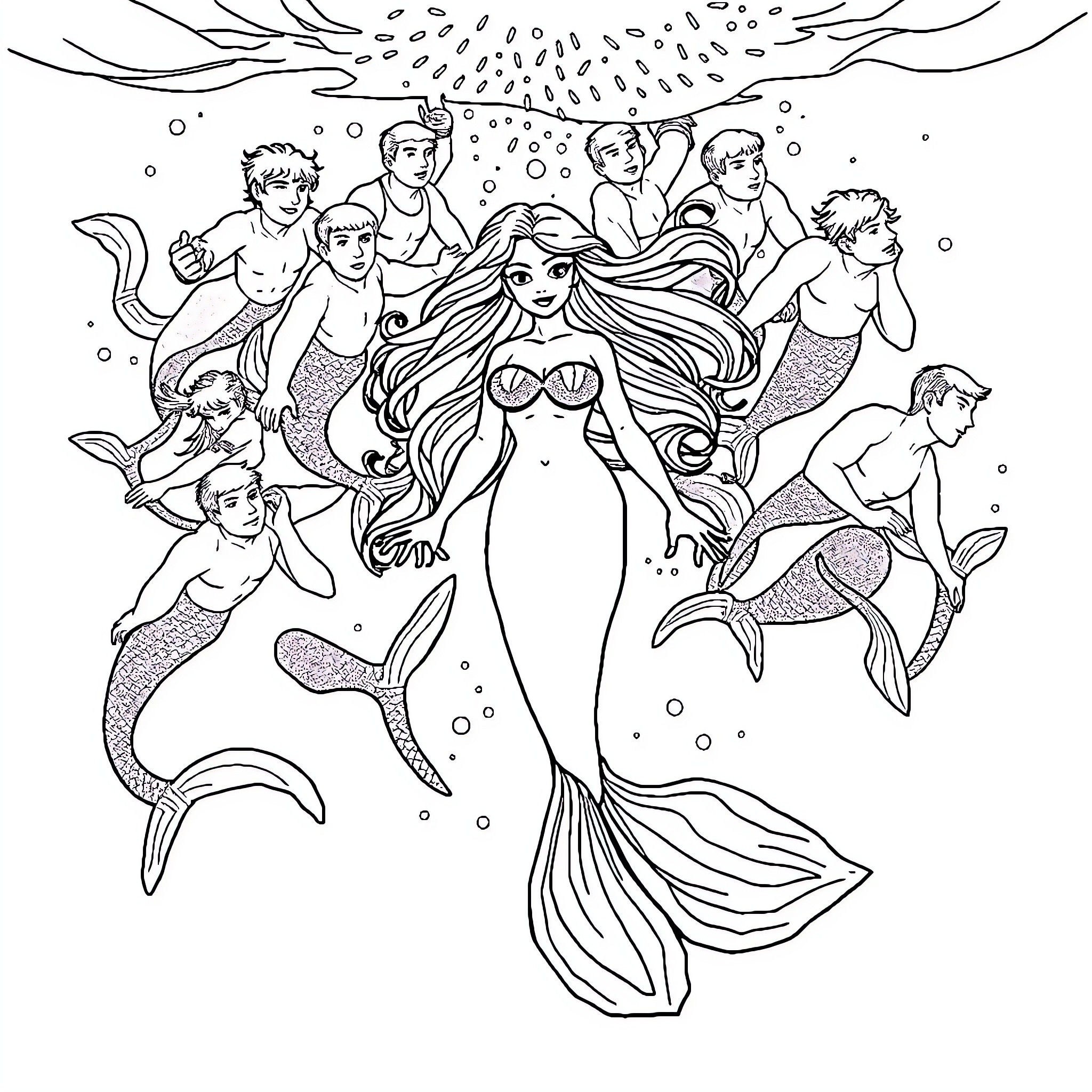 Mermaid surrounded by marine creatures in underwater scene Coloring Page (free black-and-white line drawing printable PDF for all, from beginners to advanced learners, including children, teens, adults, and seniors)