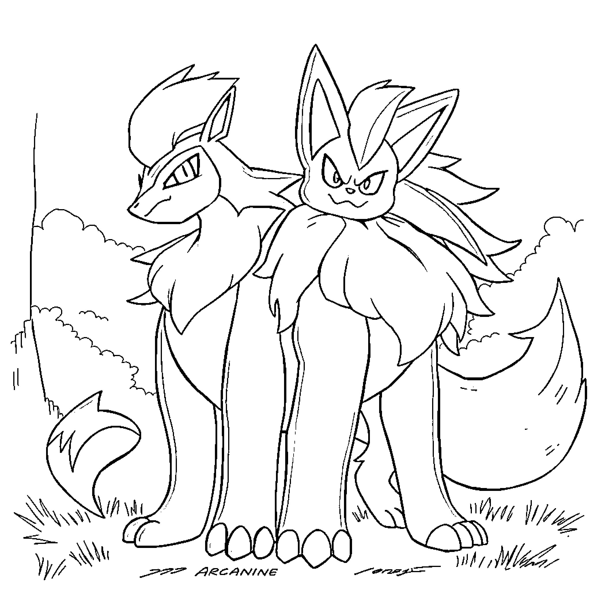 Luxray duo in an outdoor setting Coloring Page (free black-and-white line drawing printable PDF for all, from beginners to advanced learners, including children, teens, adults, and seniors)
