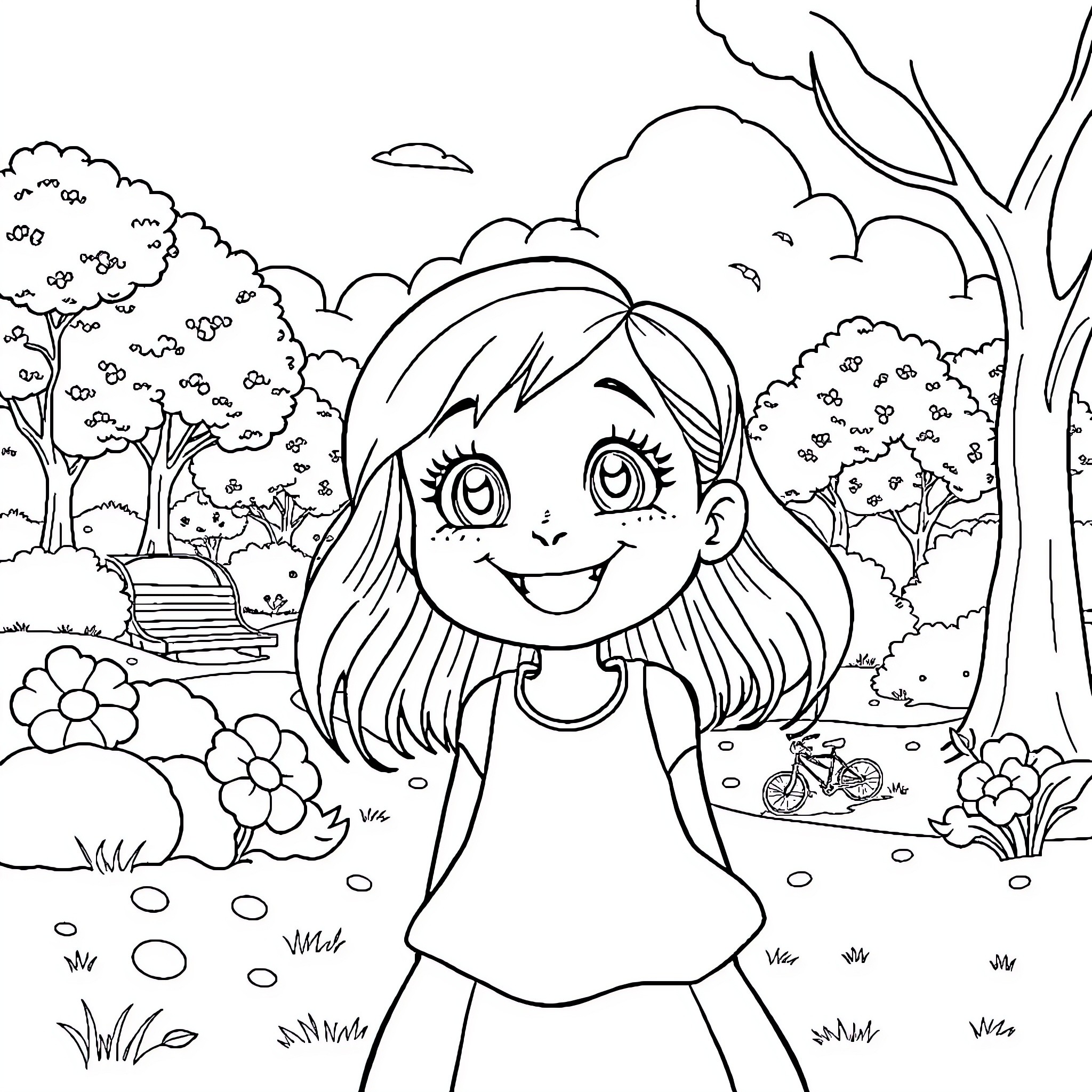 Lele's joyful adventure in the park Coloring Page (free black-and-white line drawing printable PDF for all, from beginners to advanced learners, including children, teens, adults, and seniors)