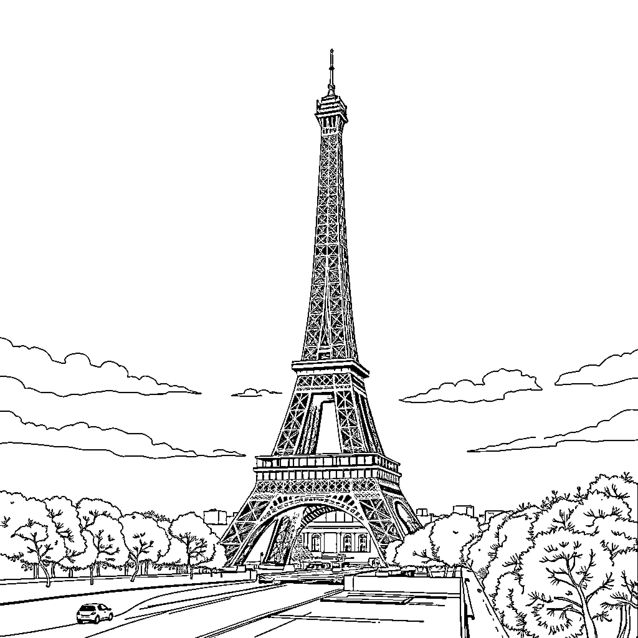 Eiffel Tower against scenic cityscape Coloring Page (free black-and-white line drawing printable PDF for all, from beginners to advanced learners, including children, teens, adults, and seniors)