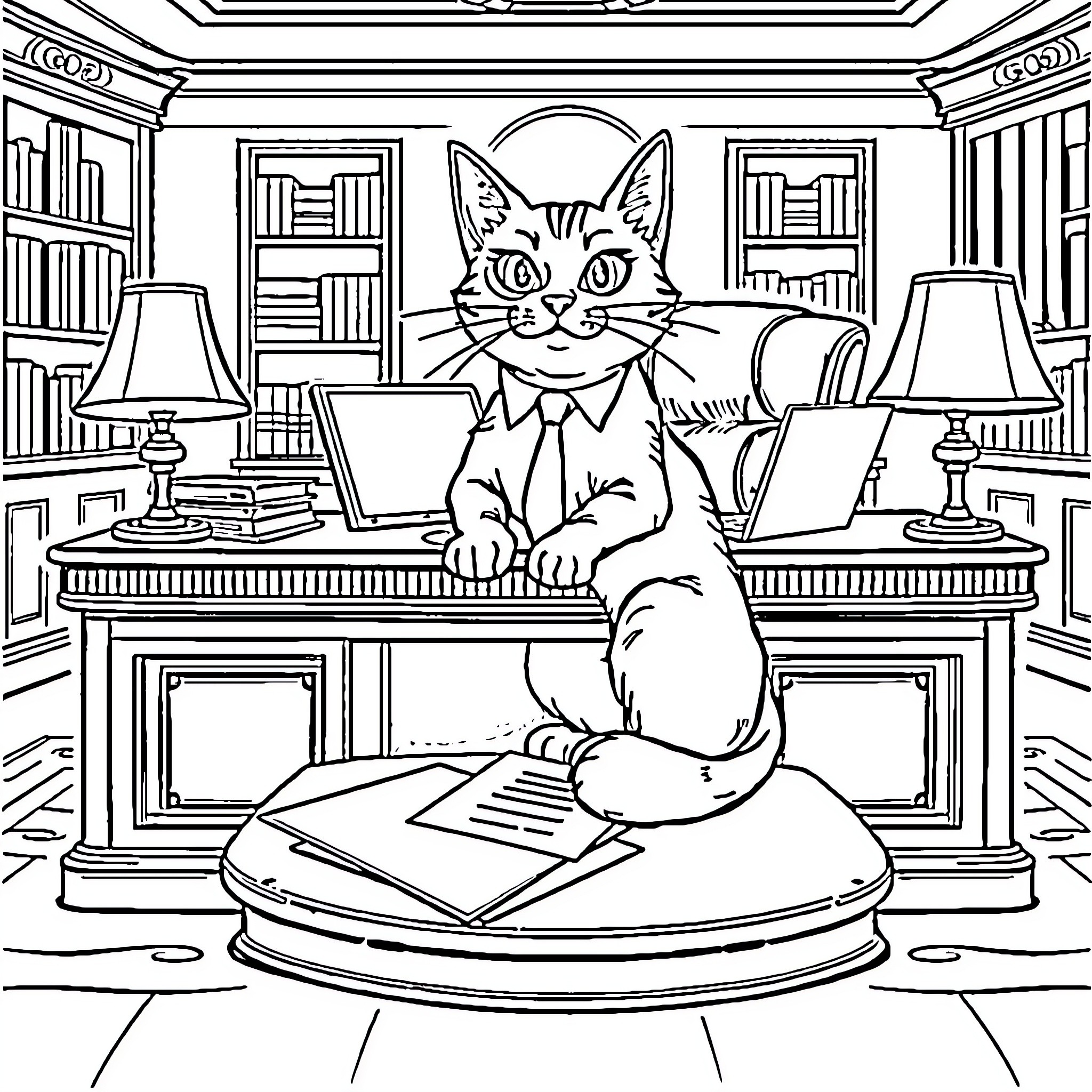 Cat working diligently in a cozy study Coloring Page (free black-and-white line drawing printable PDF for all, from beginners to advanced learners, including children, teens, adults, and seniors)