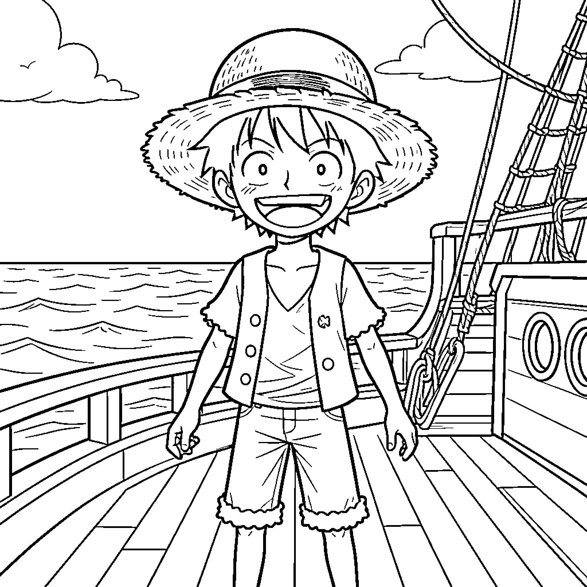 Luffy embarking on a grand adventure at sea Coloring Page (free black-and-white line drawing printable PDF for all, from beginners to advanced learners, including children, teens, adults, and seniors)