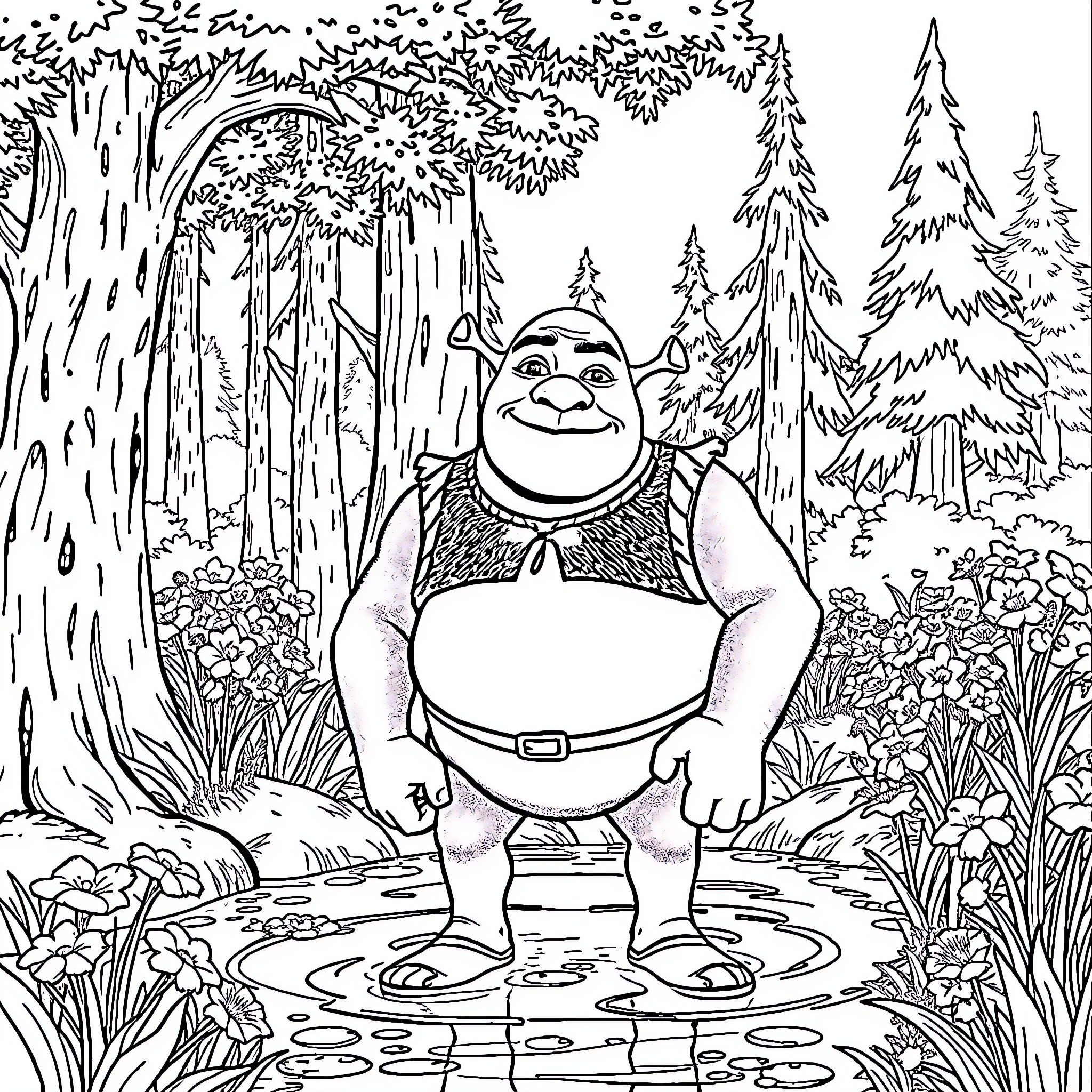 Shrek enjoying a peaceful moment in the enchanted forest Coloring Page (free black-and-white line drawing printable PDF for all, from beginners to advanced learners, including children, teens, adults, and seniors)