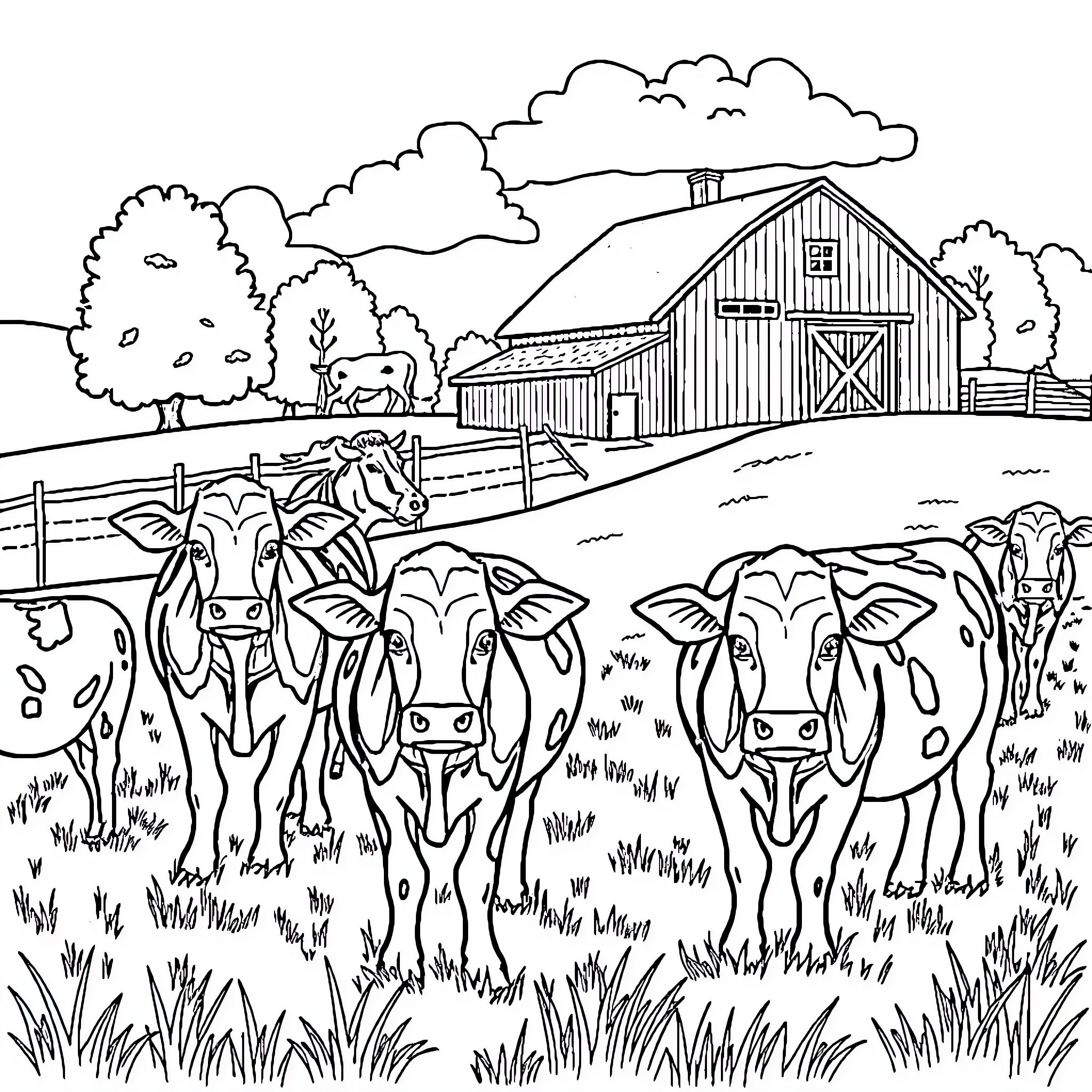 Cows grazing in a countryside farm scene Coloring Page (free black-and-white line drawing printable PDF for all, from beginners to advanced learners, including children, teens, adults, and seniors)