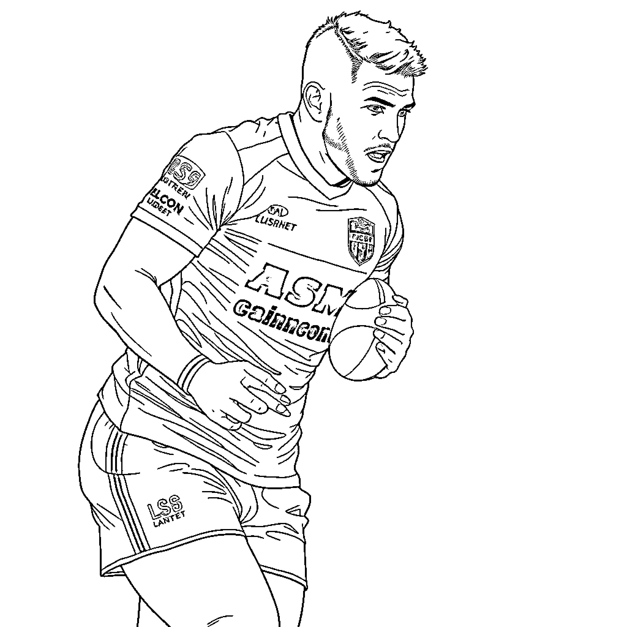 Rugby Player Sprinting with Ball on Field Coloring Page (free black-and-white line drawing printable PDF for all, from beginners to advanced learners, including children, teens, adults, and seniors)