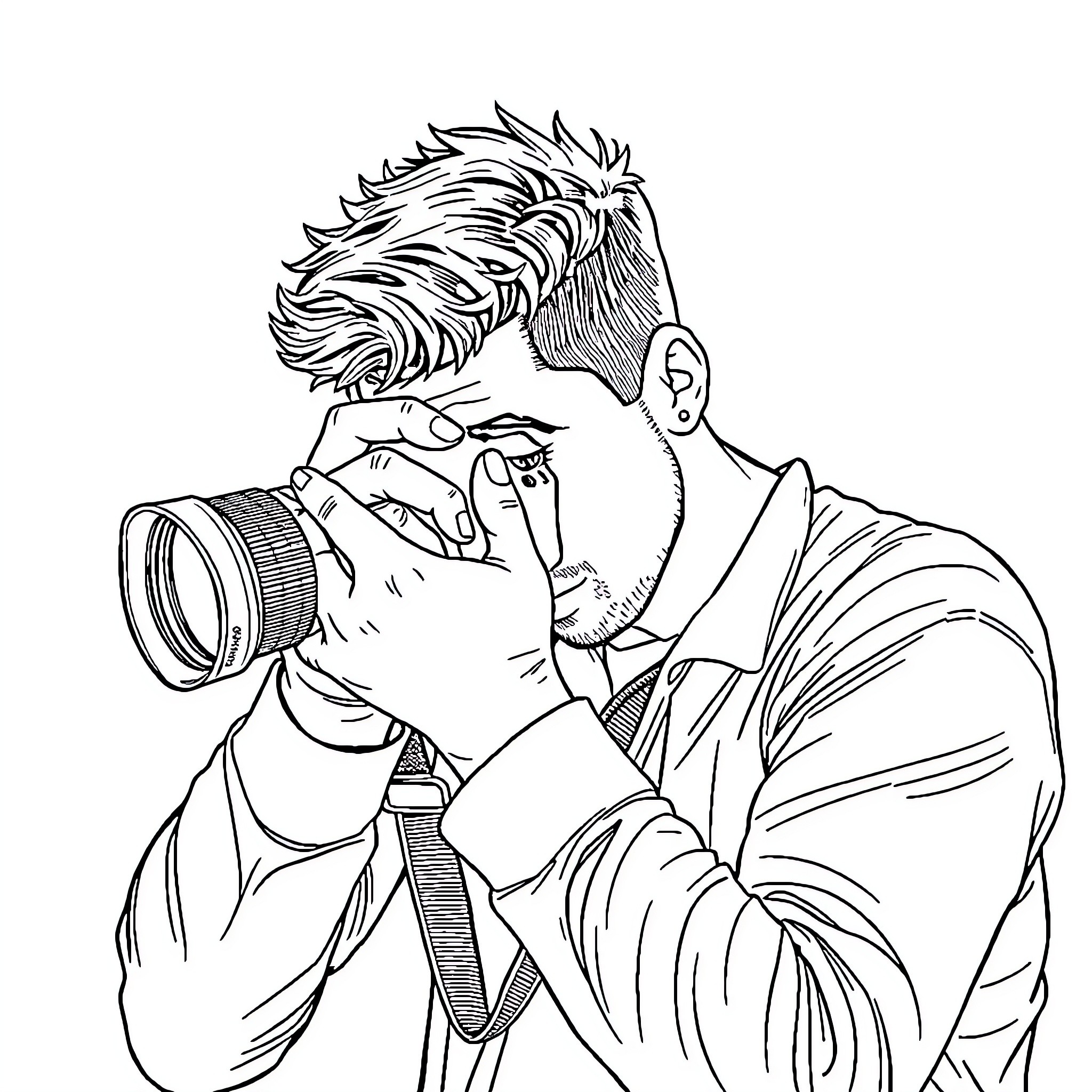 Photographer capturing a striking image Coloring Page (free black-and-white line drawing printable PDF for all, from beginners to advanced learners, including children, teens, adults, and seniors)