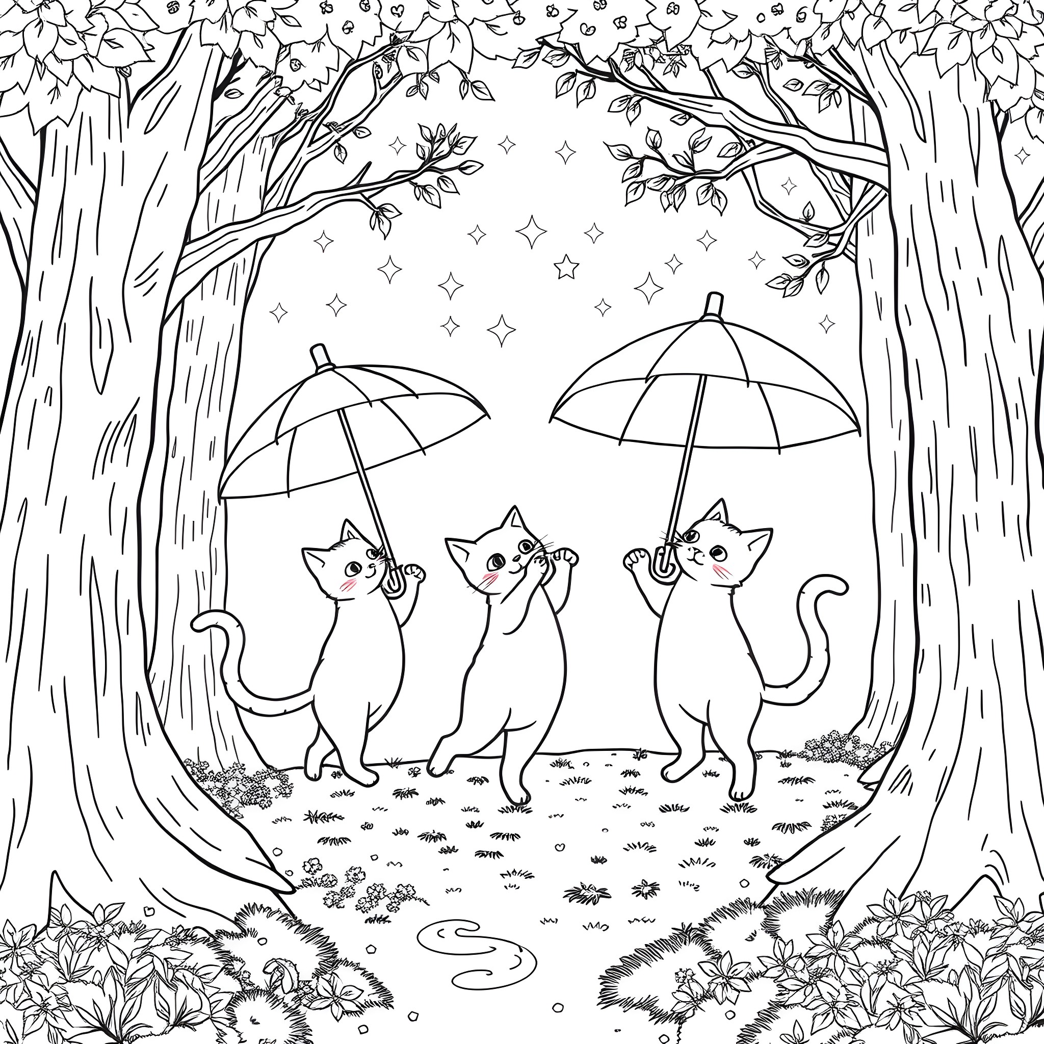 Cats walking in the rain under umbrellas in the forest Coloring Page (free black-and-white line drawing printable PDF for all, from beginners to advanced learners, including children, teens, adults, and seniors)
