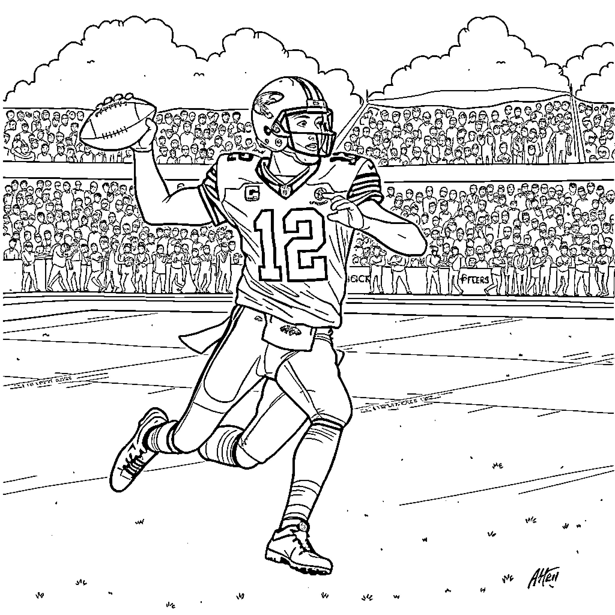 Josh Allen Throwing Football on the Field Coloring Page (free black-and-white line drawing printable PDF for all, from beginners to advanced learners, including children, teens, adults, and seniors)