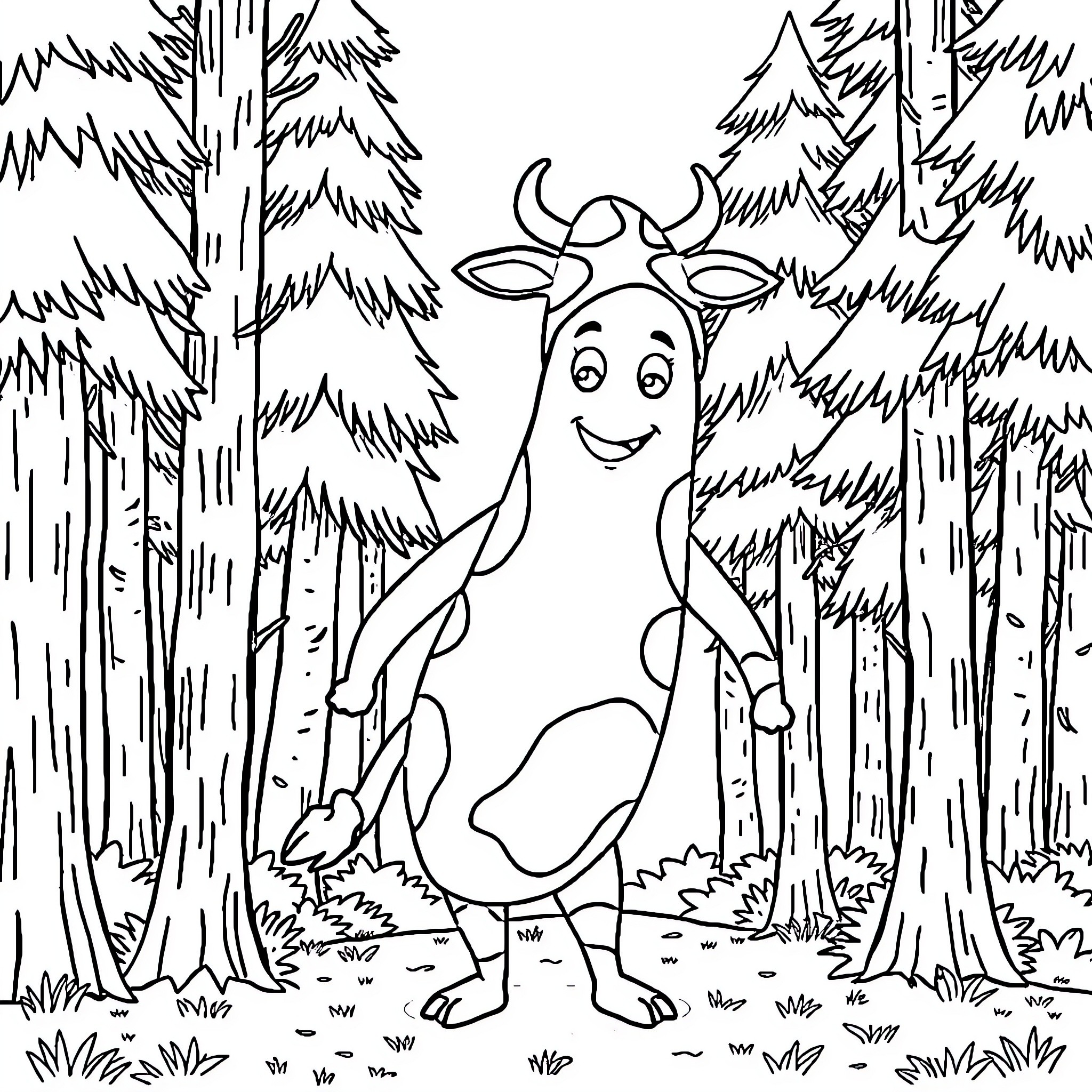 Banana character exploring in the forest Coloring Page (free black-and-white line drawing printable PDF for all, from beginners to advanced learners, including children, teens, adults, and seniors)
