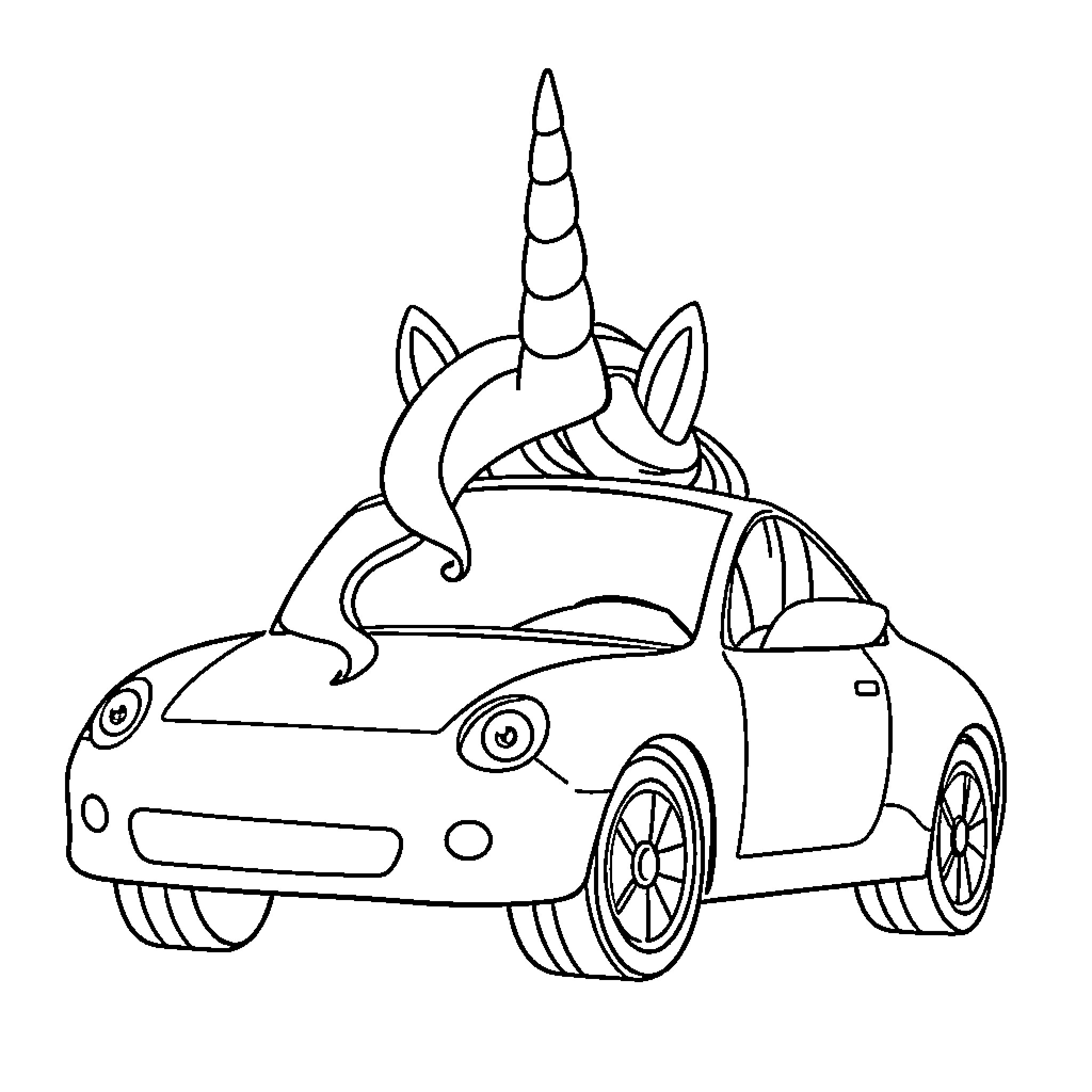 Unicorn Car riding through the city streets Coloring Page (free black-and-white line drawing printable PDF for all, from beginners to advanced learners, including children, teens, adults, and seniors)