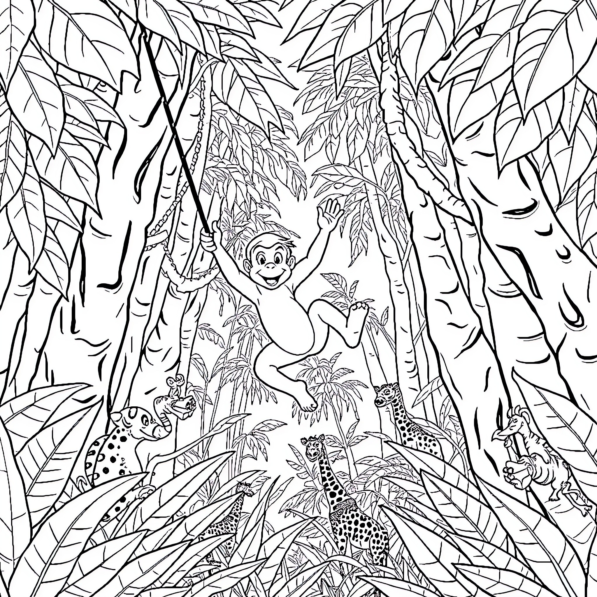 George exploring the wild jungle with animals Coloring Page (free black-and-white line drawing printable PDF for all, from beginners to advanced learners, including children, teens, adults, and seniors)