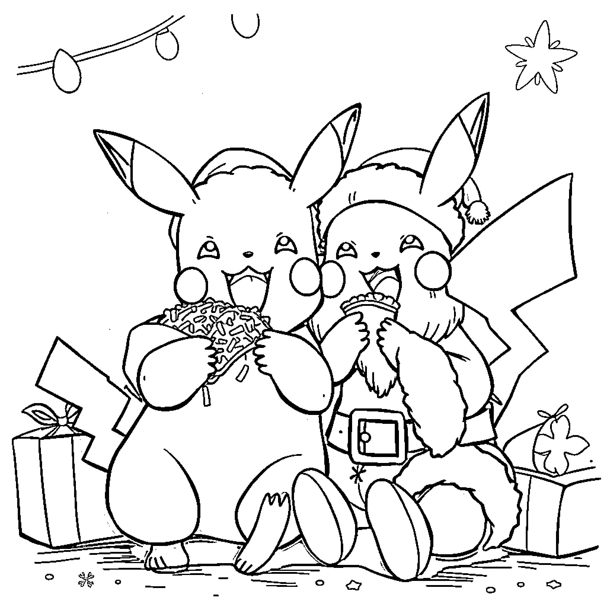 Pikachu's festive celebration with gifts and decorations Coloring Page (free black-and-white line drawing printable PDF for all, from beginners to advanced learners, including children, teens, adults, and seniors)