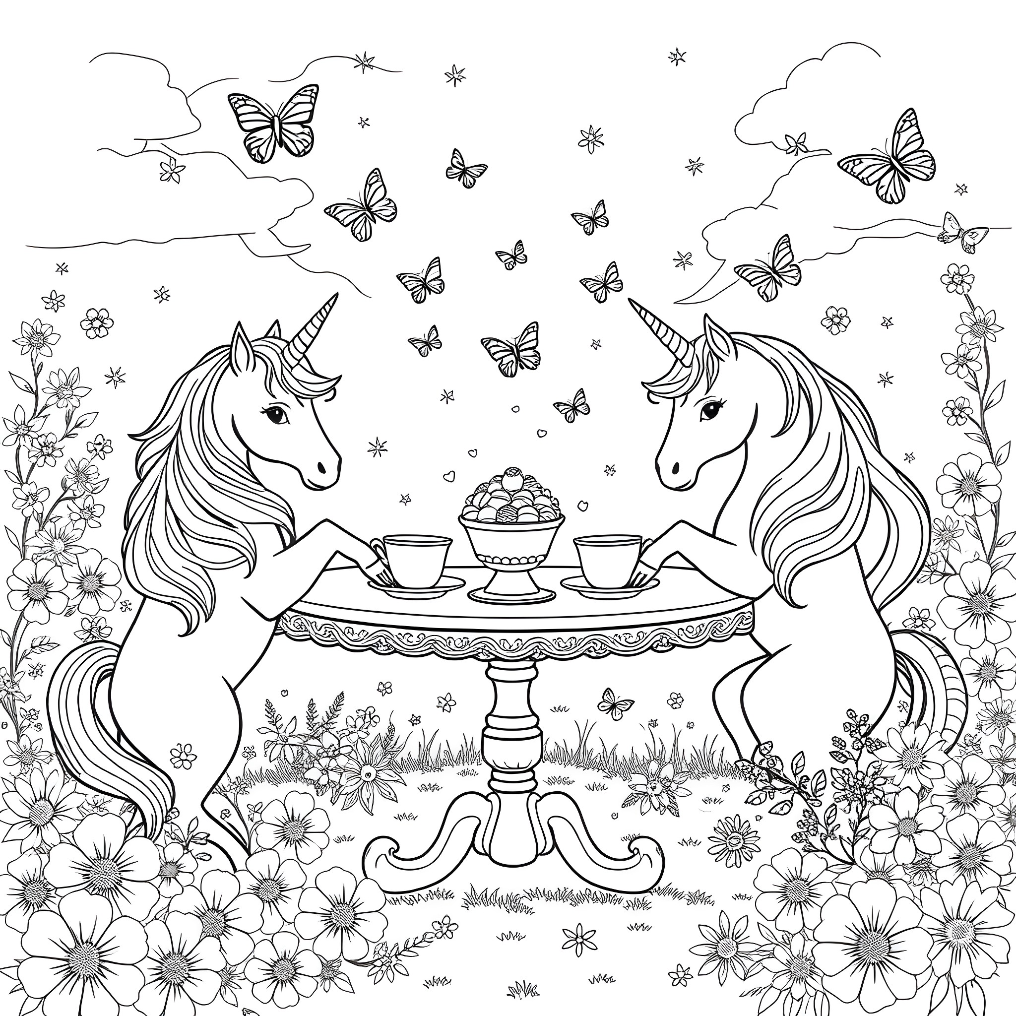 Unicorn friends enjoying tea party in enchanted garden Coloring Page (free black-and-white line drawing printable PDF for all, from beginners to advanced learners, including children, teens, adults, and seniors)