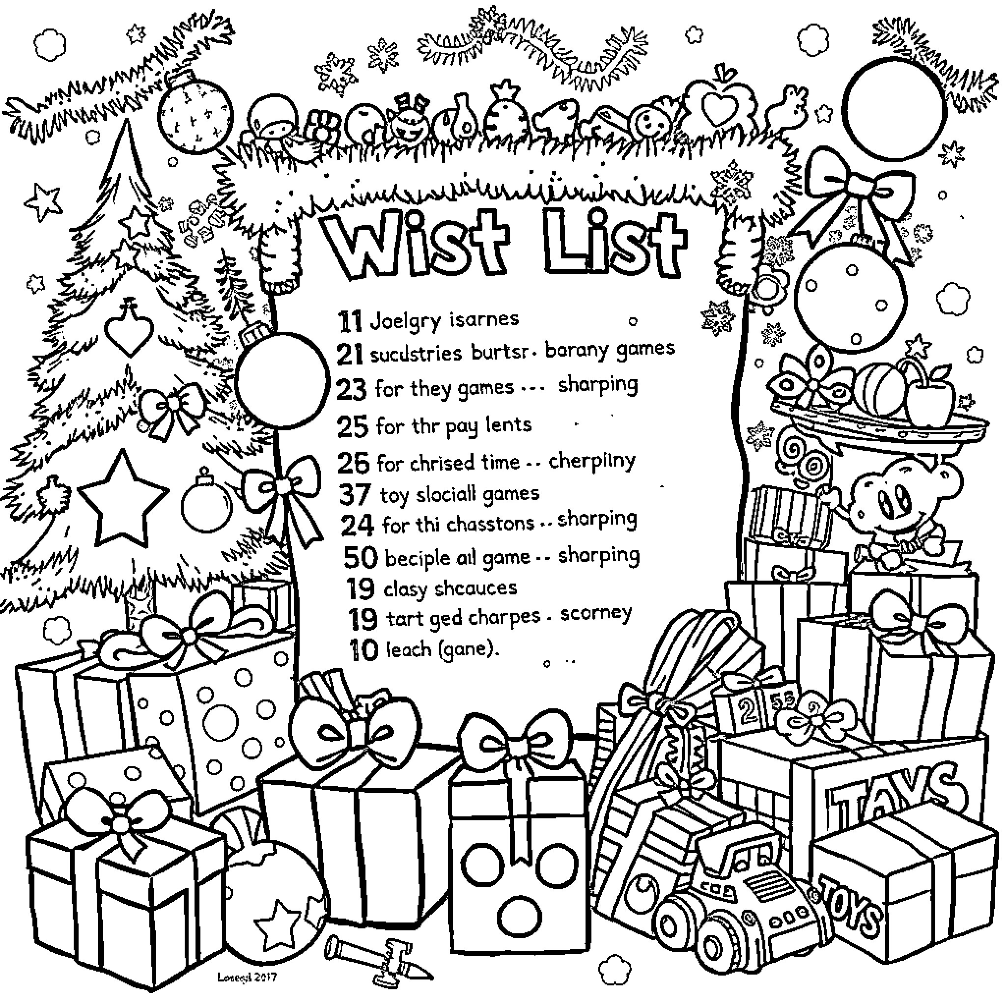Christmas Wish List with Festive Decor Coloring Page (free black-and-white line drawing printable PDF for all, from beginners to advanced learners, including children, teens, adults, and seniors)
