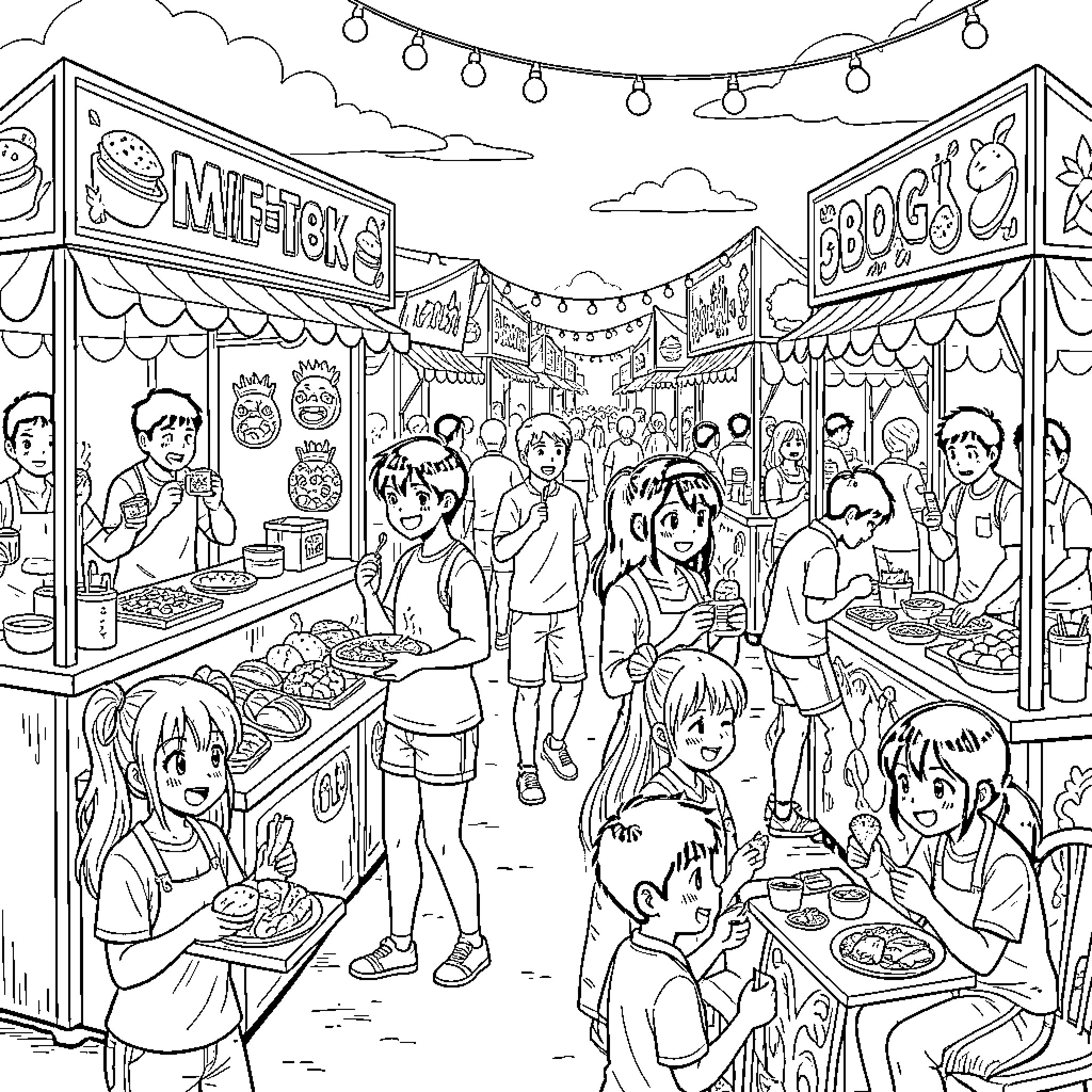 Anime Characters enjoying street food at a lively festival Coloring Page (free black-and-white line drawing printable PDF for all, from beginners to advanced learners, including children, teens, adults, and seniors)