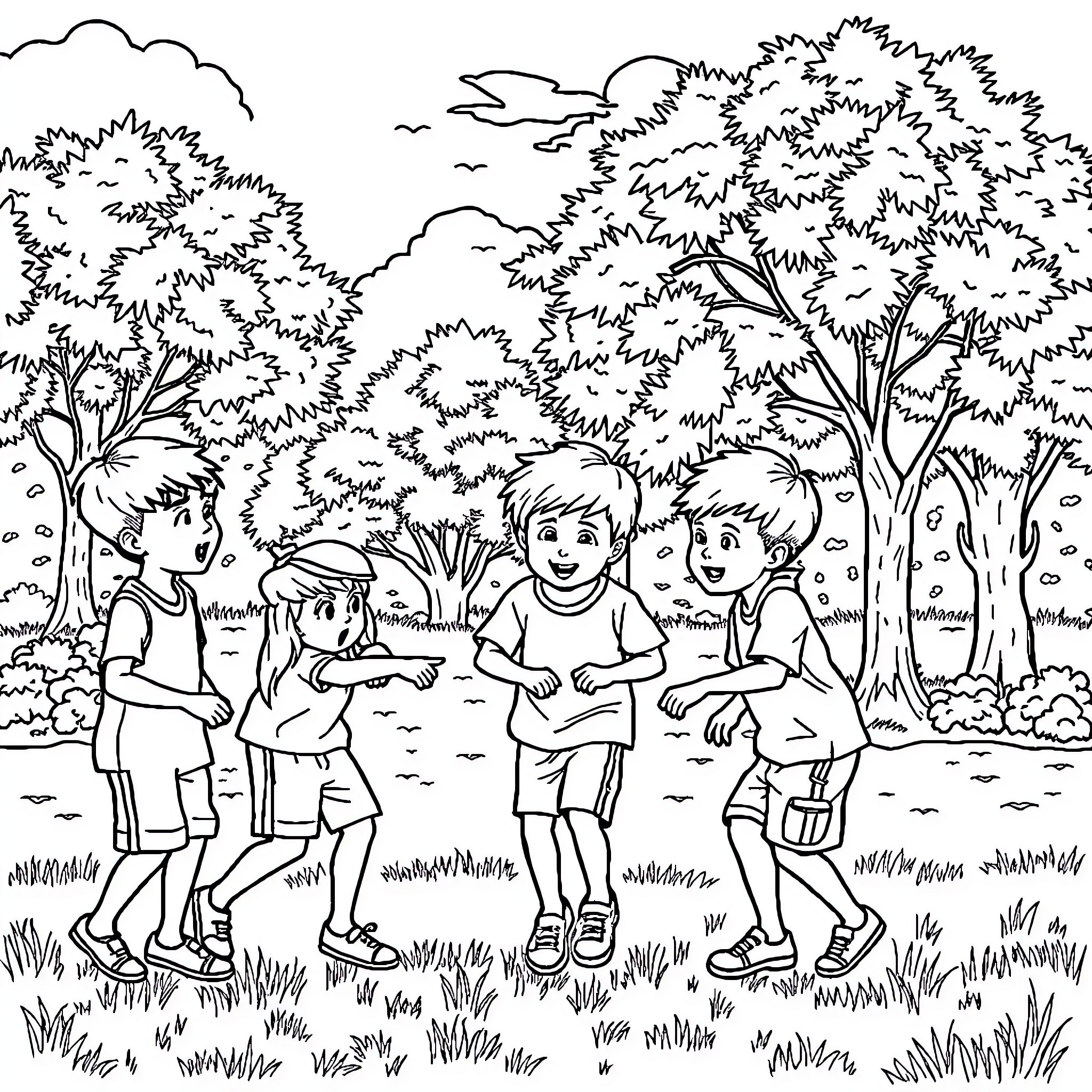 Saja Boy Playing with Friends in the Forest Coloring Page (free black-and-white line drawing printable PDF for all, from beginners to advanced learners, including children, teens, adults, and seniors)