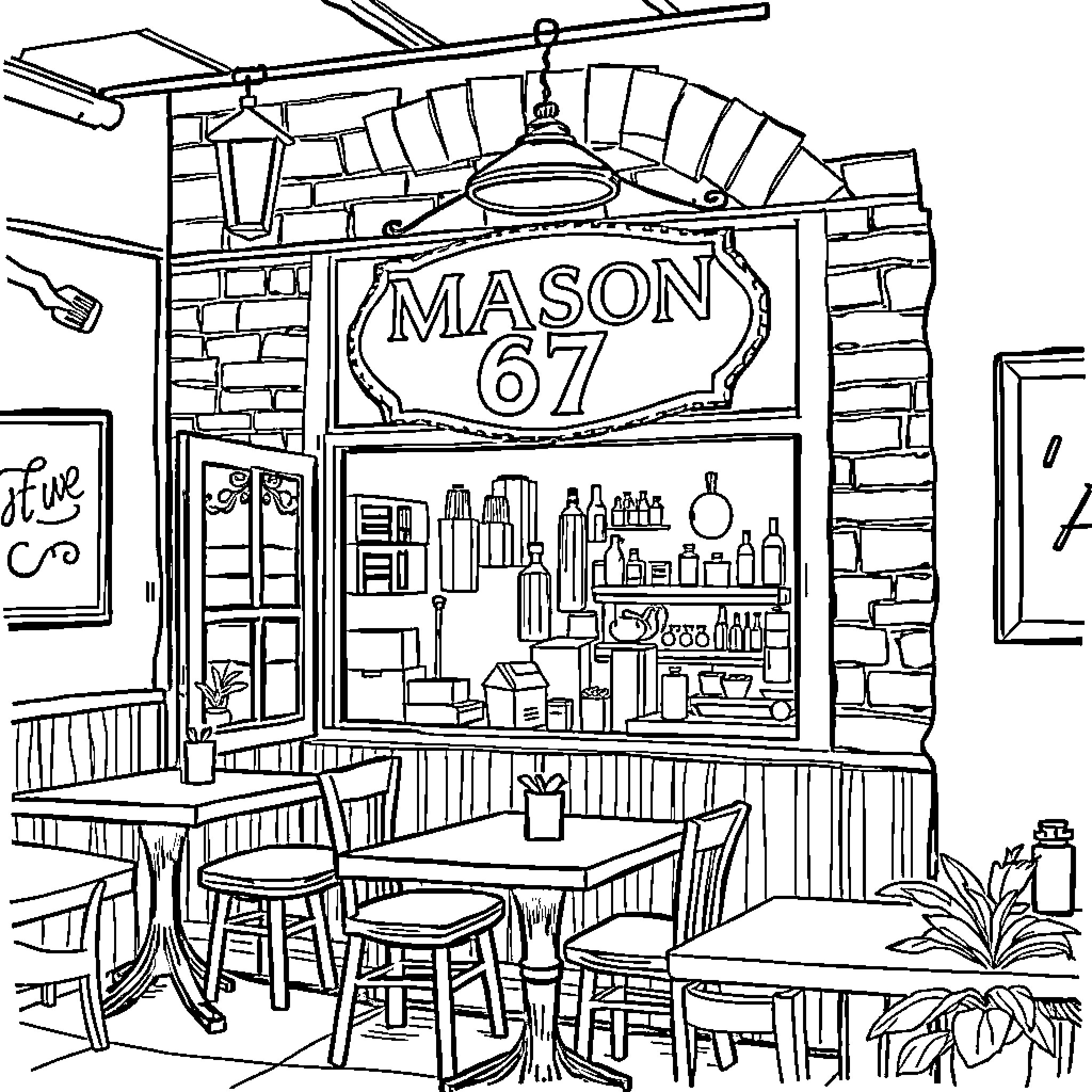 Mason 67: Charming Retro Cafe Interior Coloring Page (free black-and-white line drawing printable PDF for all, from beginners to advanced learners, including children, teens, adults, and seniors)