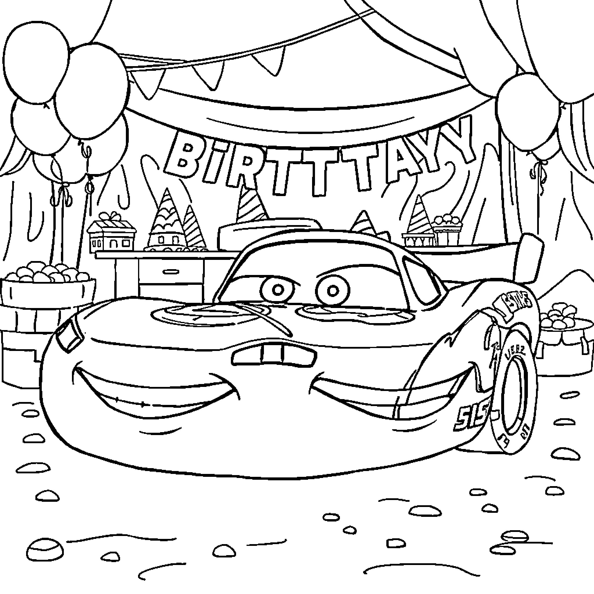 Lightning McQueen Celebrates Birthday with Balloons and Decorations Coloring Page (free black-and-white line drawing printable PDF for all, from beginners to advanced learners, including children, teens, adults, and seniors)