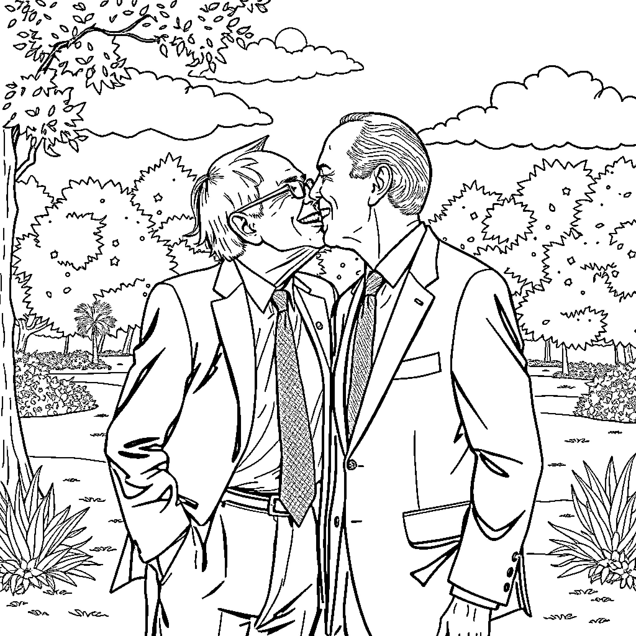 Bernie Sanders in Discussion with Another Man in Nature Coloring Page (free black-and-white line drawing printable PDF for all, from beginners to advanced learners, including children, teens, adults, and seniors)