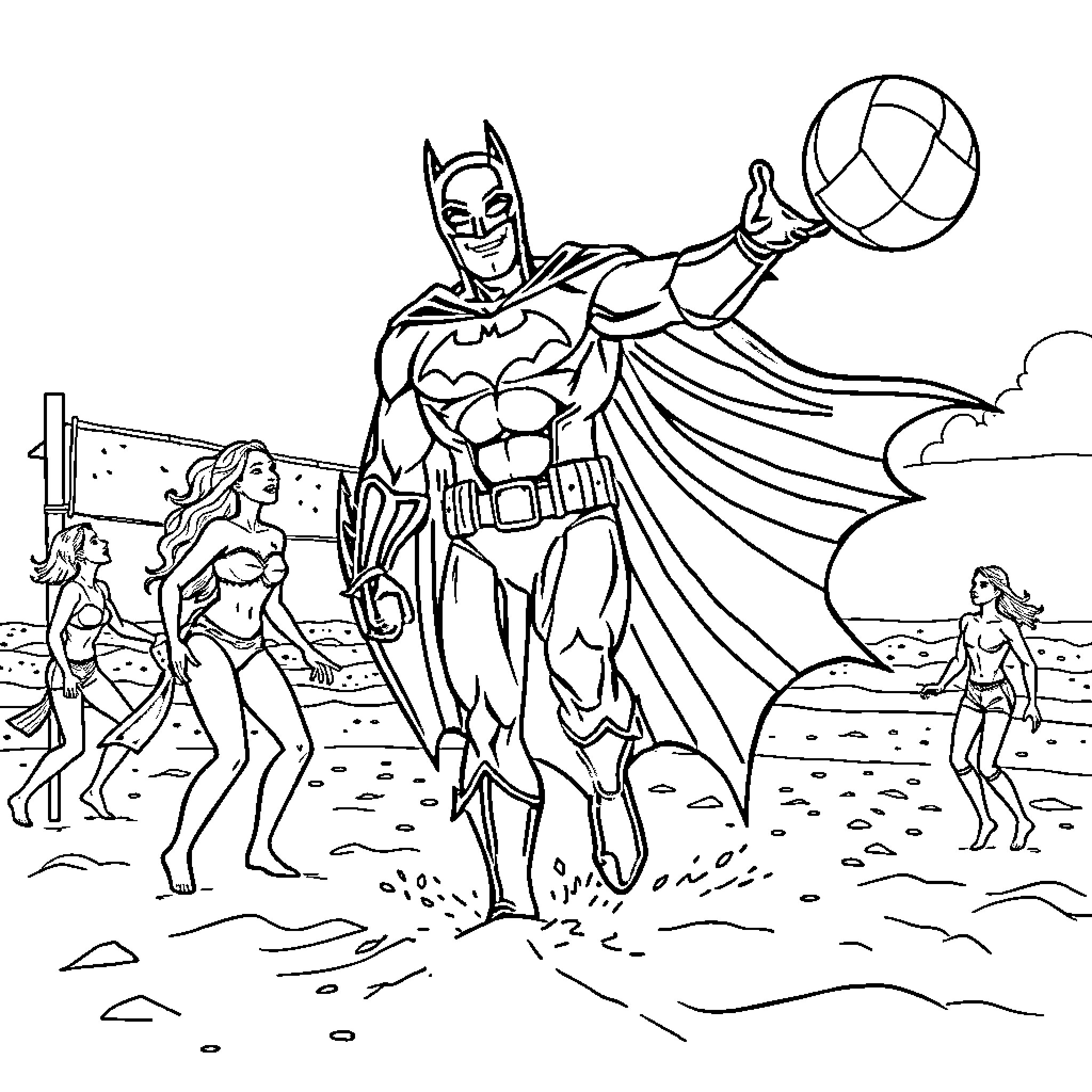 Batman Helping Beachgoers with Heroic Actions Coloring Page (free black-and-white line drawing printable PDF for all, from beginners to advanced learners, including children, teens, adults, and seniors)