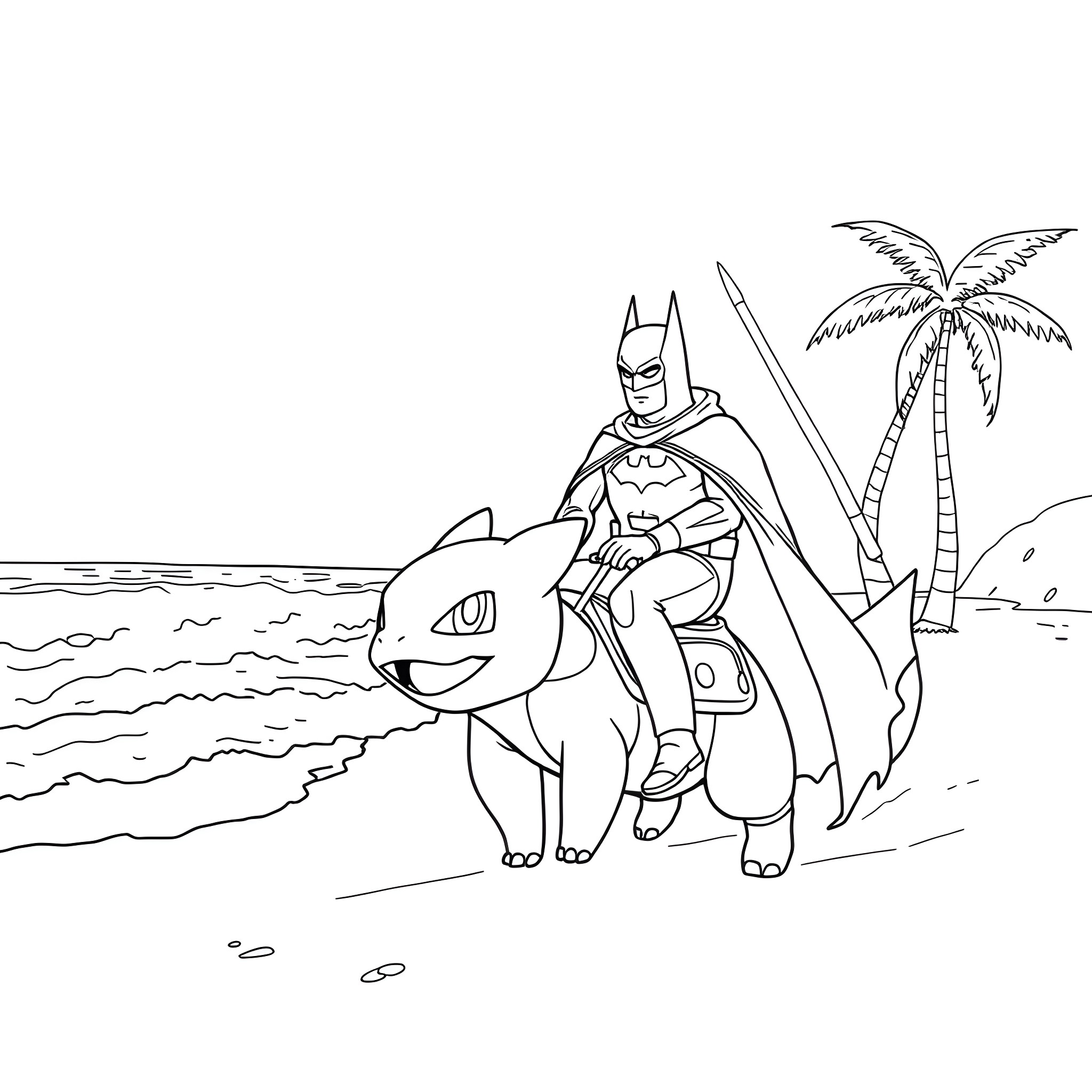Batman Exploring Tropical Beach with Sidekick Coloring Page (free black-and-white line drawing printable PDF for all, from beginners to advanced learners, including children, teens, adults, and seniors)