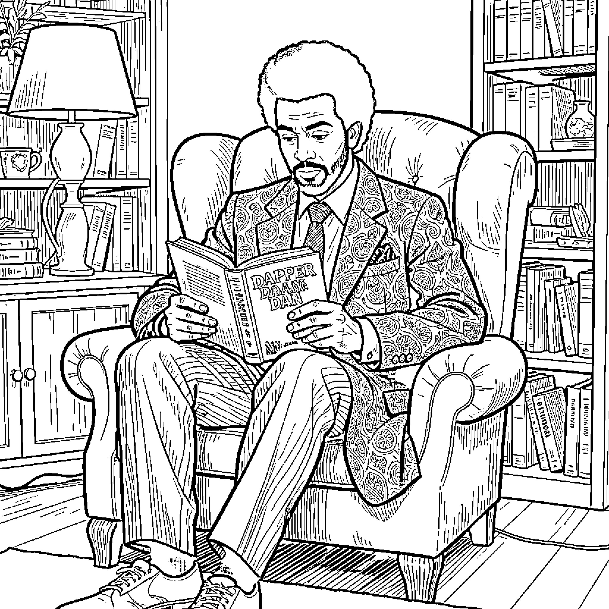 Dapper Dan reading a book in an armchair Coloring Page (free black-and-white line drawing printable PDF for all, from beginners to advanced learners, including children, teens, adults, and seniors)