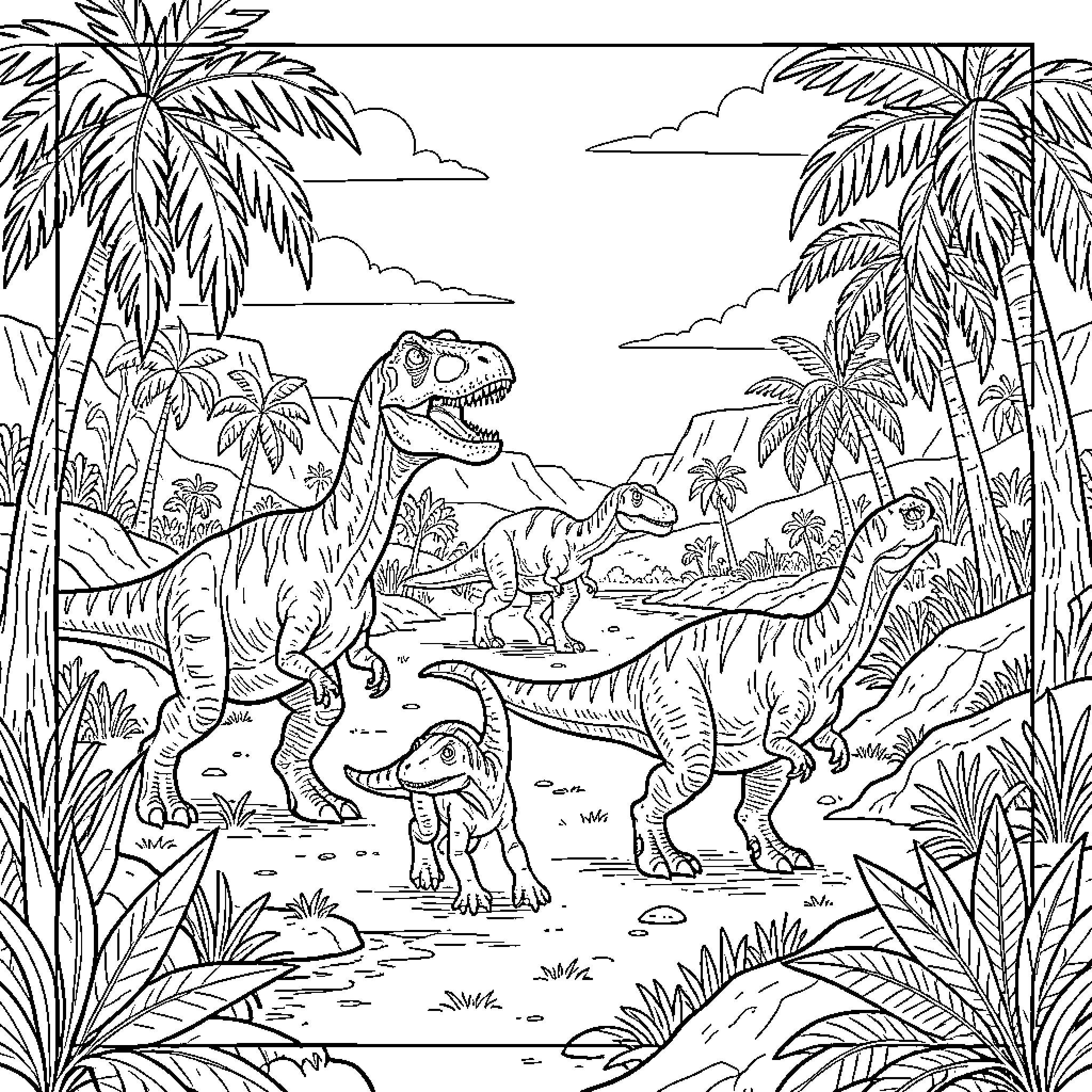 Dinosaur group walking through a tropical jungle landscape Coloring Page (free black-and-white line drawing printable PDF for all, from beginners to advanced learners, including children, teens, adults, and seniors)