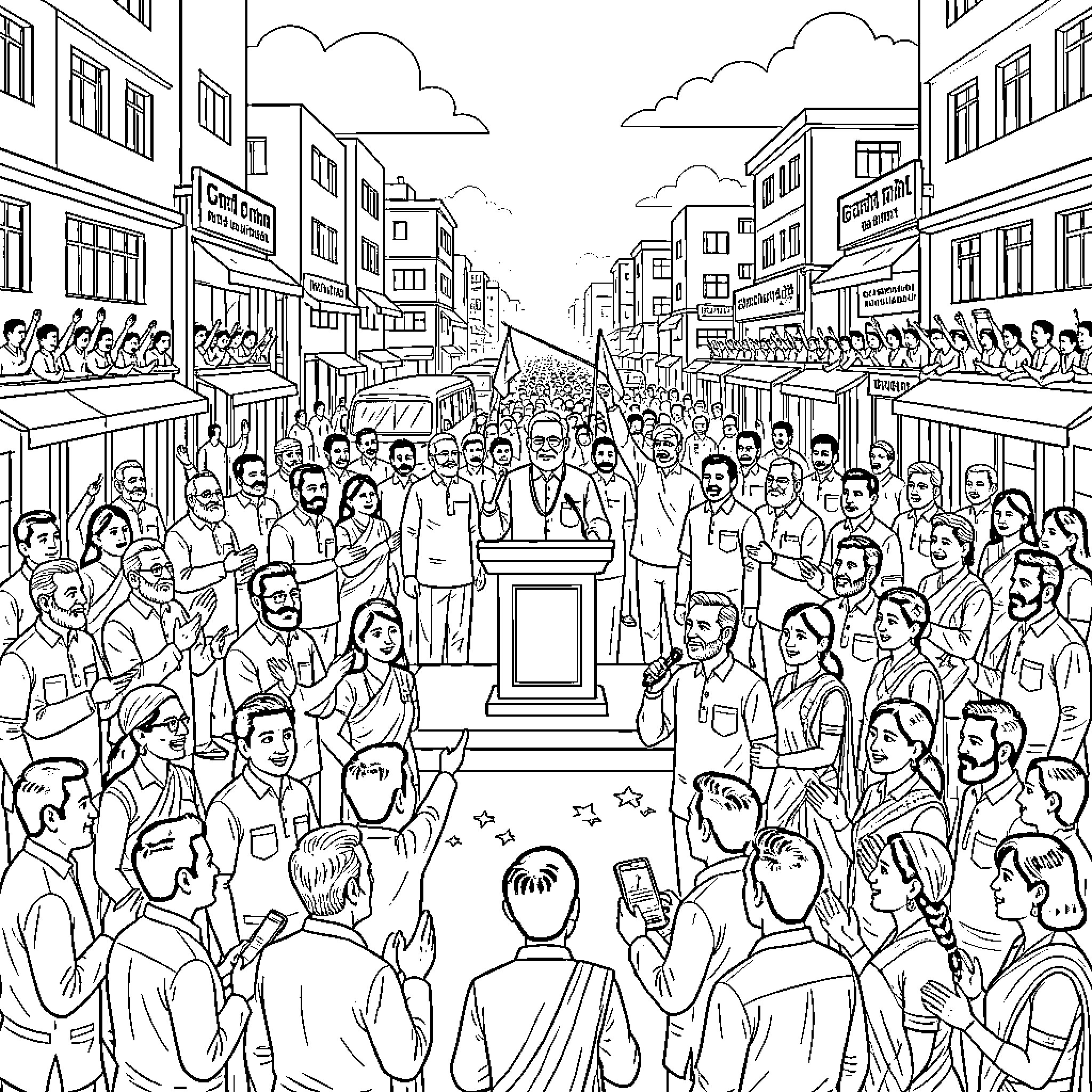 India political leader addressing a large cheering crowd Coloring Page (free black-and-white line drawing printable PDF for all, from beginners to advanced learners, including children, teens, adults, and seniors)