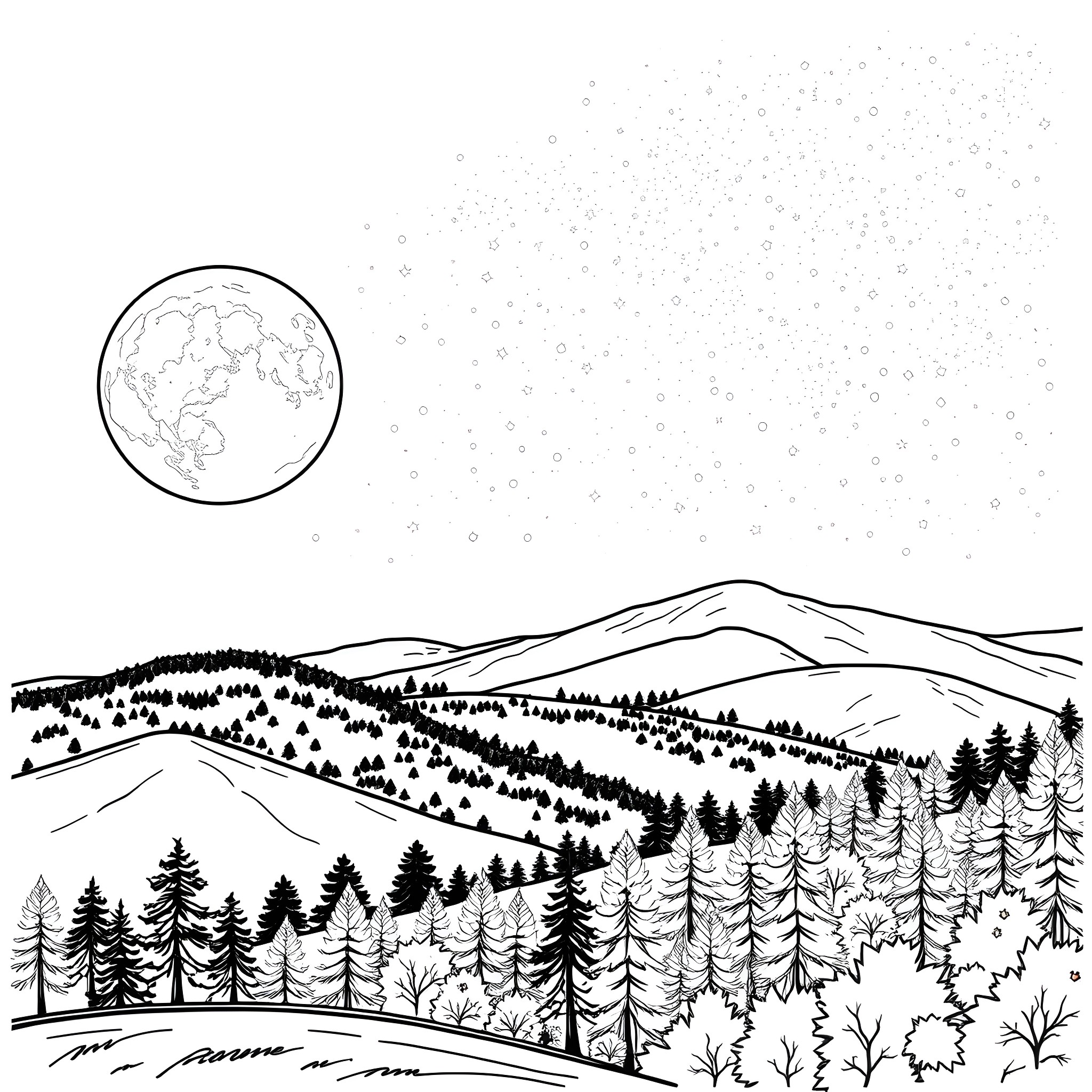 Moon over snowy mountain landscape Coloring Page (free black-and-white line drawing printable PDF for all, from beginners to advanced learners, including children, teens, adults, and seniors)
